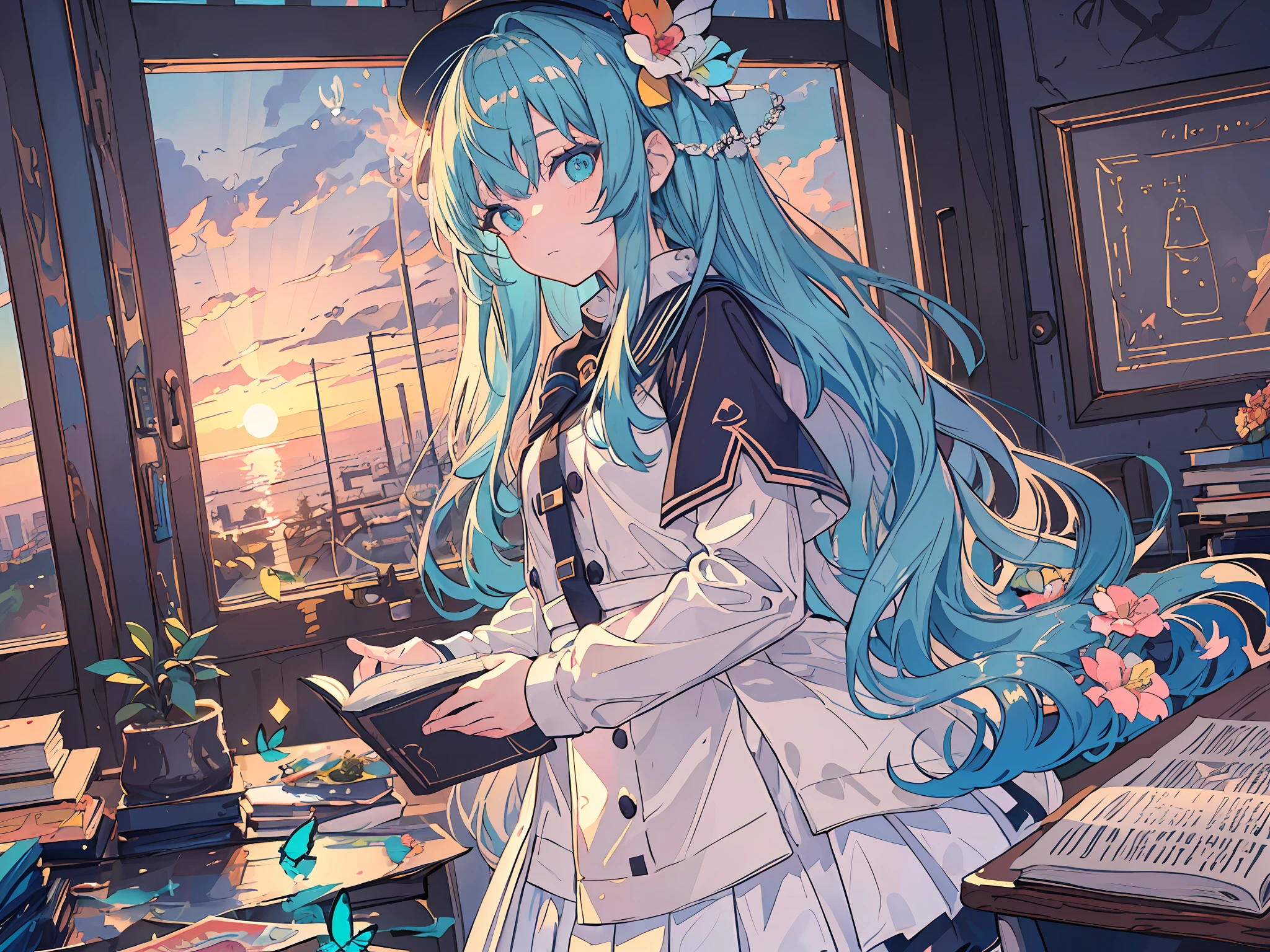 (flat color),colorful,(masterpiece:1,2), best quality, masterpiece, highres, original, extremely detailed wallpaper, looking at viewer, (close-up),((colorful)),(Detailed eyes description), (8K wallpaper), (masterpiece,best quality,ultra-detailed,illustration),(cinematic lighting),dreamy atmosphere,(bubble),warm light,1girl,solo (little girl:1.5),(1girl),(Station type,Telephoto lens, wide Angle lens),First person,Depth of field 1girl,solo,loli, expressionless,(+++a girl with lightblue long gradient hair and blue aqua eyes+++:1.2),with butterfly,standing, constricted pupils, (hair flowers),small breasts, long bangs,hime cut,(solo:1.5),Long hair, wavy hair, curly hair, fall clothes,dull Back, look back, classroom, table and chair, blackboard, ((holding his cheeks)), beautiful sky, (beautiful dreamy clouds), ((dusk)), (wizard hat,) sunset, sunset, empty classroom, (book), open book, depth of field