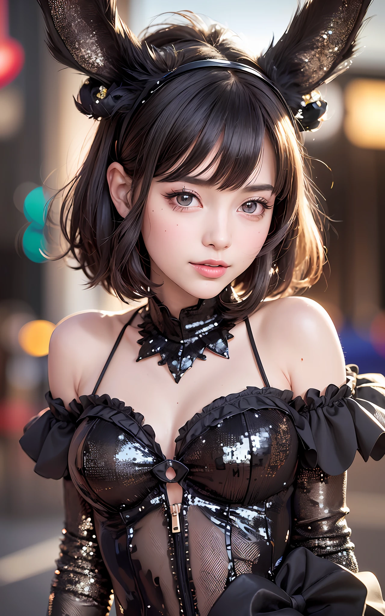 (Realistic, Photorealistic: 1.37), (8k, RAW Photos, Best Quality, Masterpiece: 1.2), Very Cute Woman, Super Detailed, Heart-Shaped Pupils, Physically Based Rendering, Ultra High Resolution, Kodak Vision Color, Shot with Arricam LT Camera, Bokeh, Sharp Focus,
Watch Realistic, Solo, Photorealistic, Top Quality, Highly Detailed Face, ((Sequins, Black Bunny Suit, Rabbit Ear Shaped Hairband: 1.2)), Dark Brown Hair, Short Bob Hair, Highly Detailed Eyes and Face, Beautiful Detailed Eyes, Double Eyelids, (Unforgettable Smile, Blush)), Hair Fluttering in the Wind, (Upper Body)), ((Colorful Casino, Background Blur))