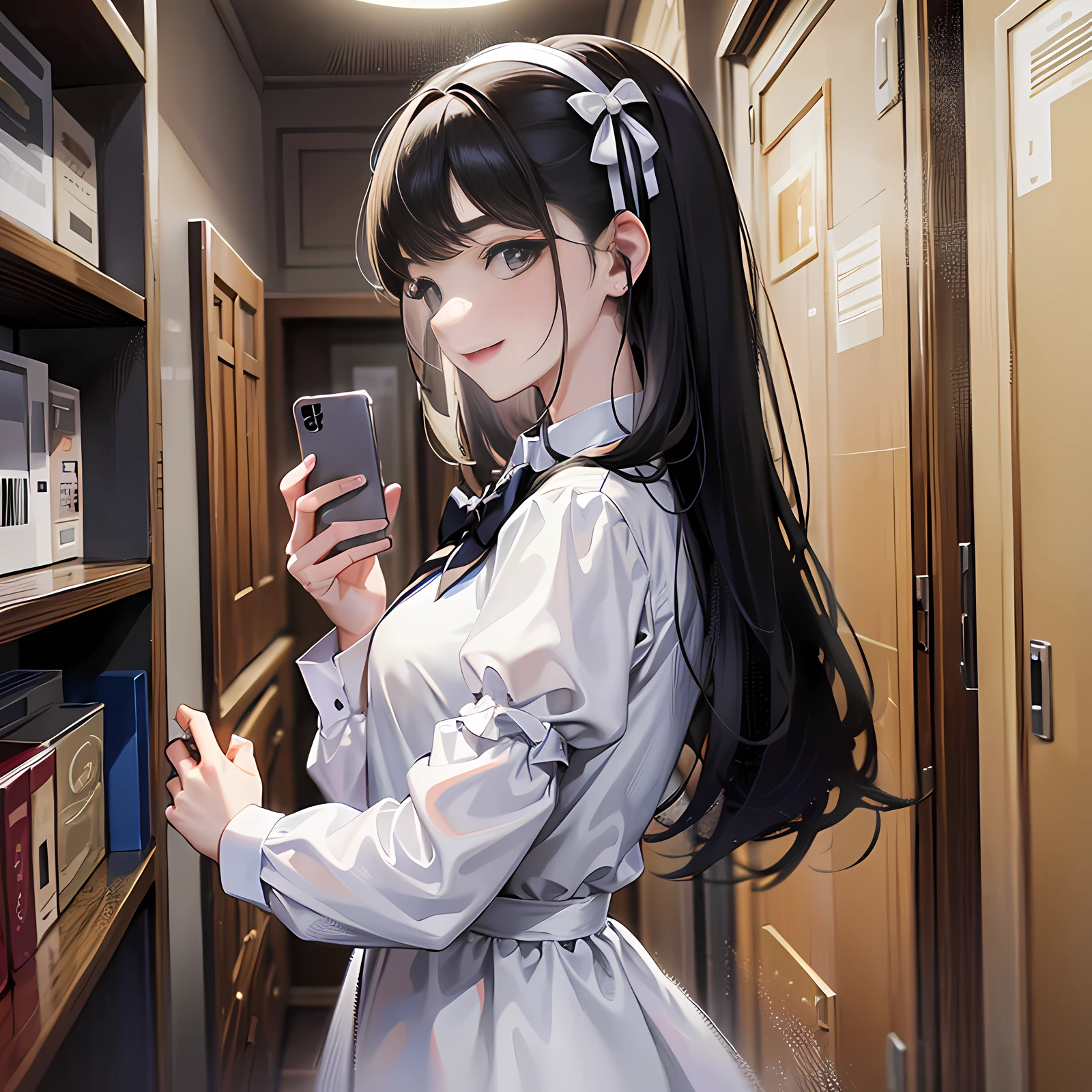 In the dormitory, there is a girl standing up, long black hair, holding a mobile phone, smiling, proud, super detailed, 4k, white, no bow tie, super detailed
