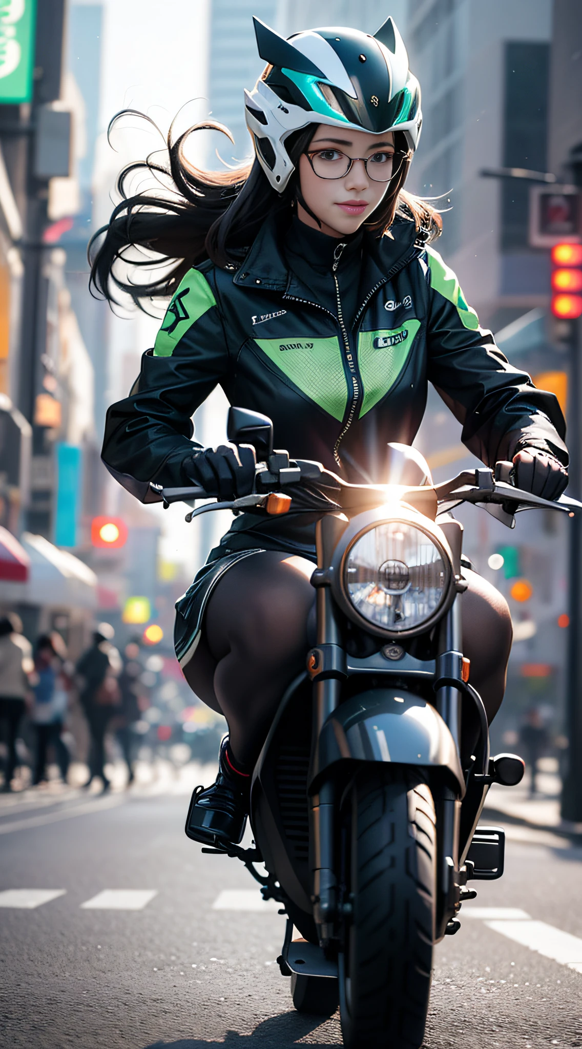 Girl Riding a green scooter with lights on in motion, arafed, high definition cgsociety, Octane cgsociety, digital art!!, speeding down the street, long hair flowing back, light behind, style photography, by derek zabrocki, cover photo, red and Cinematic lighting, photographed by Wayne England, blurry background, rtx on, particle effects flying around, specular lighting, hdr, octane, unreal, subsurface scattering, Film-like, (illustration:.4) , lights on, solo, smile, glasses, helmet, wind efects, busy city street, in the style of Eric Pare in motion, many people on the background, film photography, depht-of-field, bokeh, (frontlighting:1.2), (backlighting:0.75), (fill light:0.9), bloom, chromatic aberration, (lens flare:1.2),