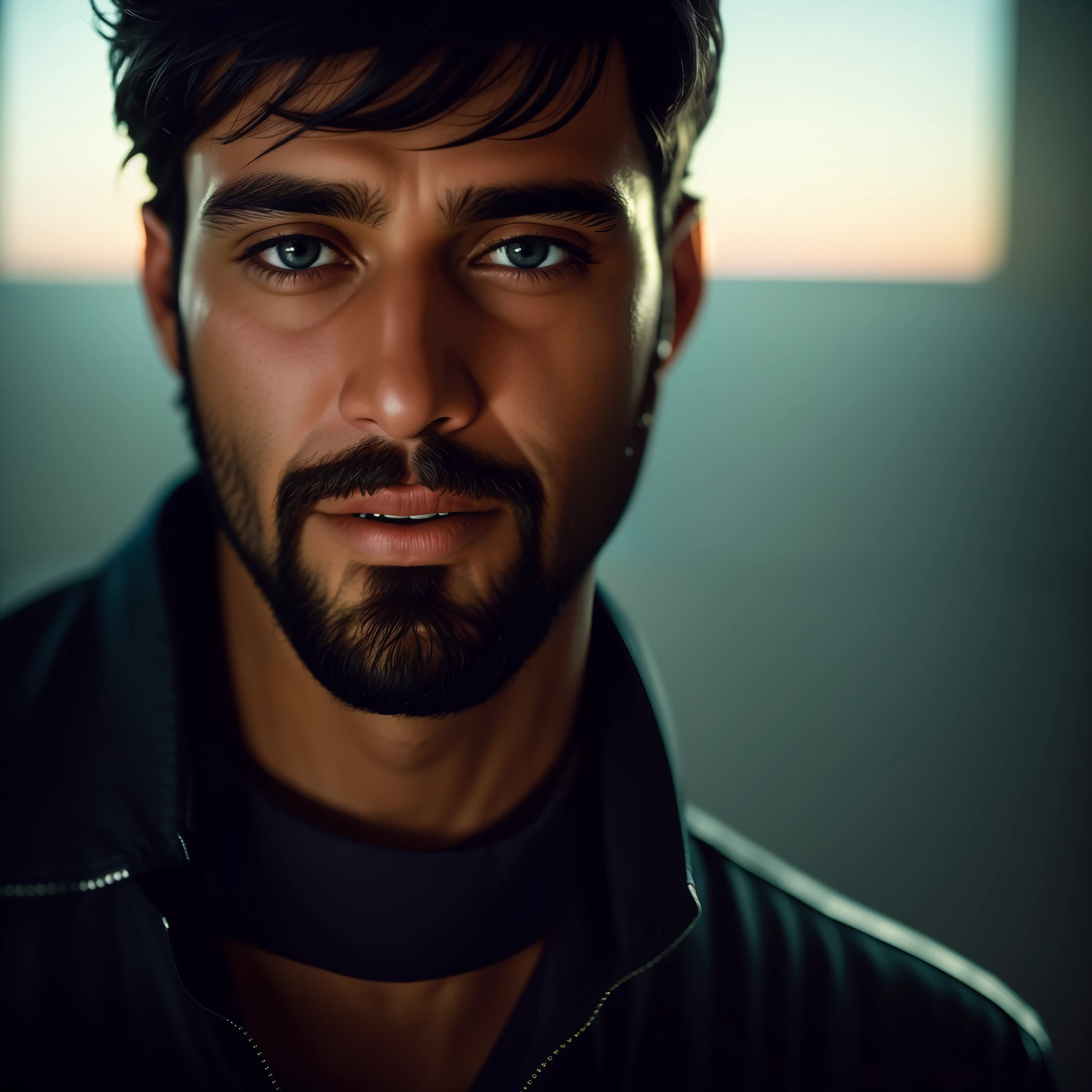 (close-up, editorial photograph of a 30-year-old Brazilian man from the 2010s), (highly detailed face:1.4) (smile:0.7) (background inside dark, grumpy, private study:1.3) POV, by lee jeffries, nikon d850, film bank photography,4 kodak portra 400, camera f1.6 lens, rich colors, hyper realistic, realistic texture, dramatic lighting, cinestill 800,