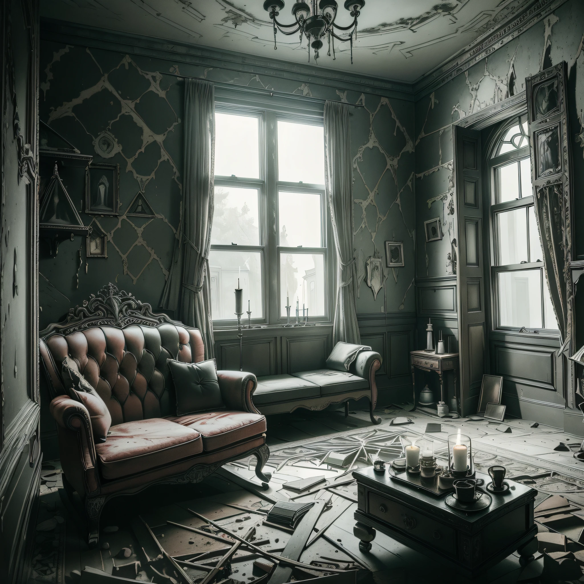 (interior design) (masterpiece) (ultra realistic) (raw) (picture of the whole room) (messy) (gothic couch, rocking chair, window) (old house, ripped wallpaper) (wide lens) (an old gothic scarry horror room) (blood on the wall) (dark) (candles) (candle lit) (paranormal feelings) (anamorphic lens) (night time)