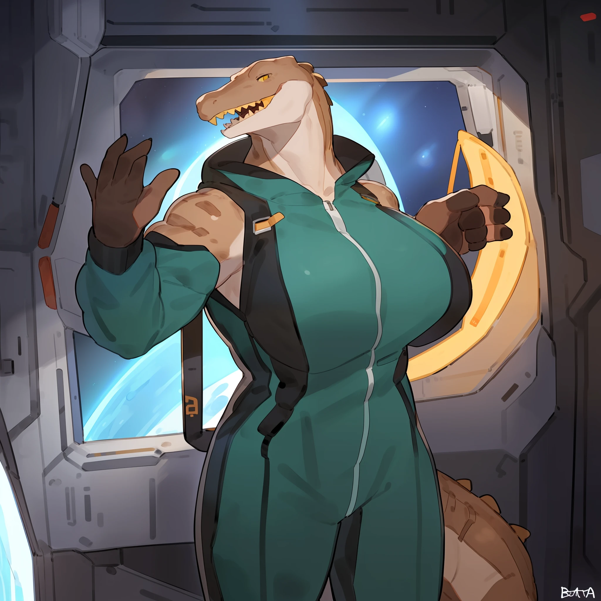 Solo, female, alligator, teeth, yellow teeth, fangs, yellow eyes, brown body, brown skin, muscular, athletic, big, large, tall, big breasts, dark teal jumpsuit, dark teal spacesuit, space, spaceship, window, by bebebebebe, (((by buta99))), by sindoll, by cervina7