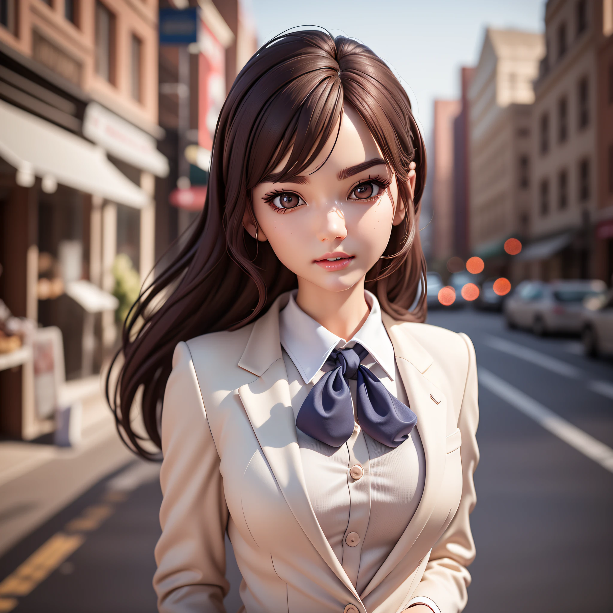 (Pixar 1.25 style) 1 woman ((upper body front, bust shot)), solo, front, very pretty face, very detailed eyes, brown eyes, very detailed nose, very detailed mouth, beauty, Korean, sophisticated feeling, women's suit, white shirt, gray suit, downtown area, ((masterpiece, highest quality)), (composite lighting)