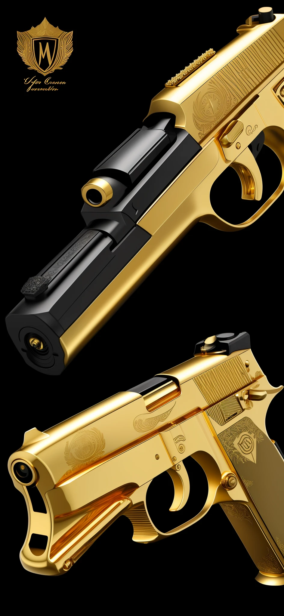 a close up of a gold gun with a black background, beautiful surreal pistol, engraved vector, realistic gun design, engraved highly detailed, 3d gun model, realistic gun, realistic weapon, realistic gold, inspired by Walther Jervolino, gun art reference, weapon design, ultra highly detailed, highly detailed engraving, very very very highly detailed, mega highly detailed