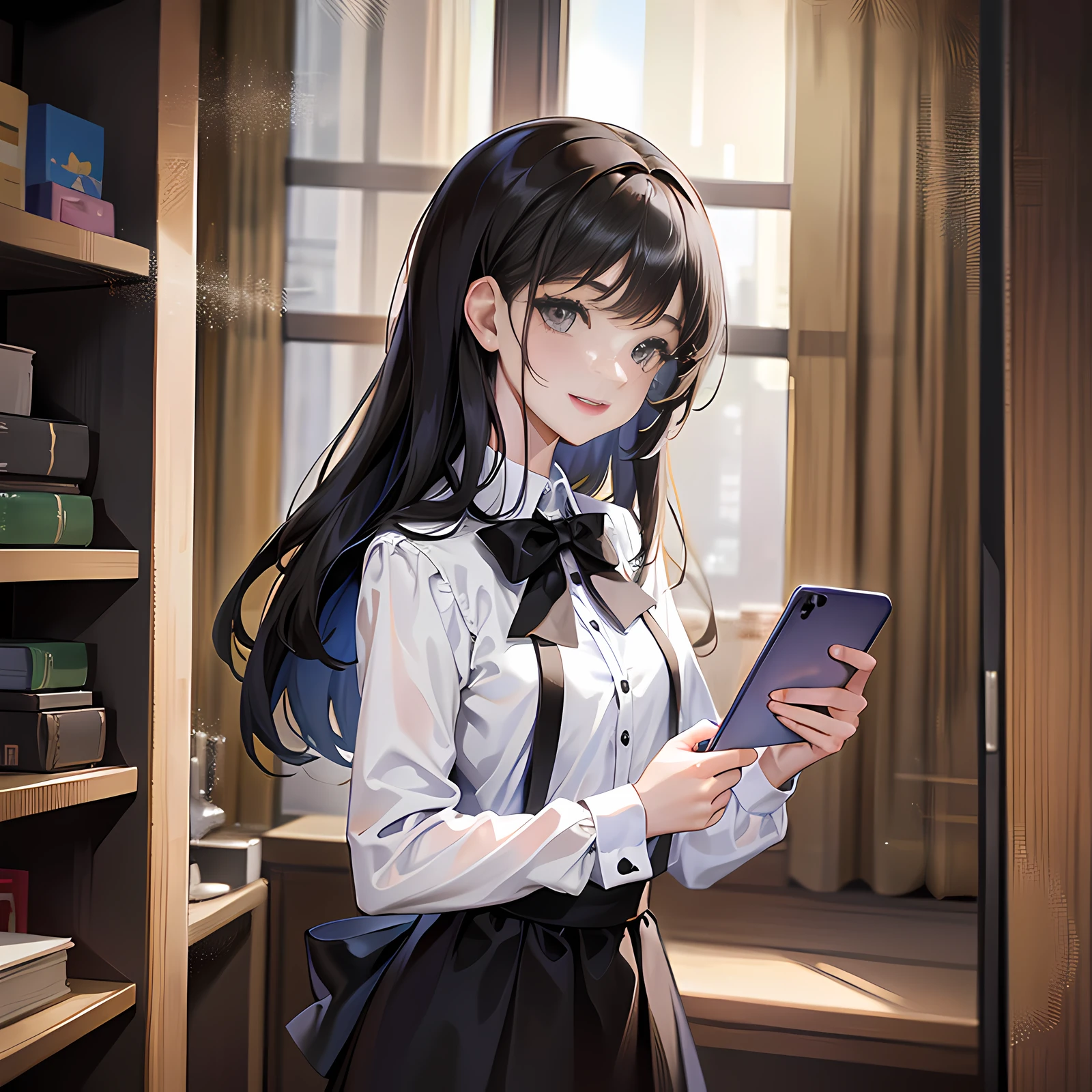 In the dormitory, there is a girl standing up, long black hair, holding a mobile phone, smiling, proud, super detailed, 4k, white, no bow tie, super detailed