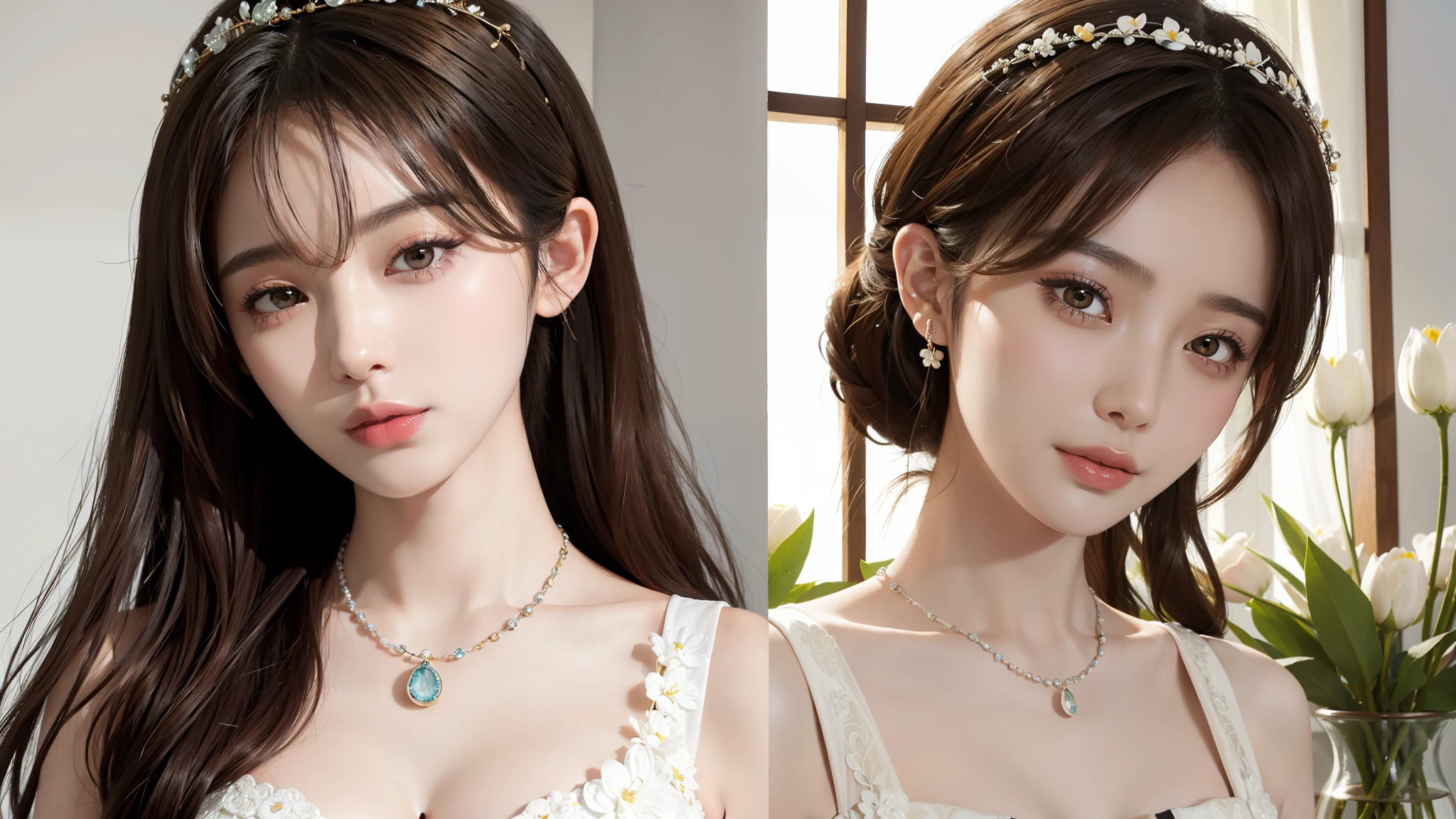 masterpiece, top quality portrait, Korean woman, Beautiful face, Detailed skin texture, Detailed fabric texture, Delicate smile and deep eyes, Modern room, Water reflection, (Flower crown: 1.2+ necklace), Elegant light rendition