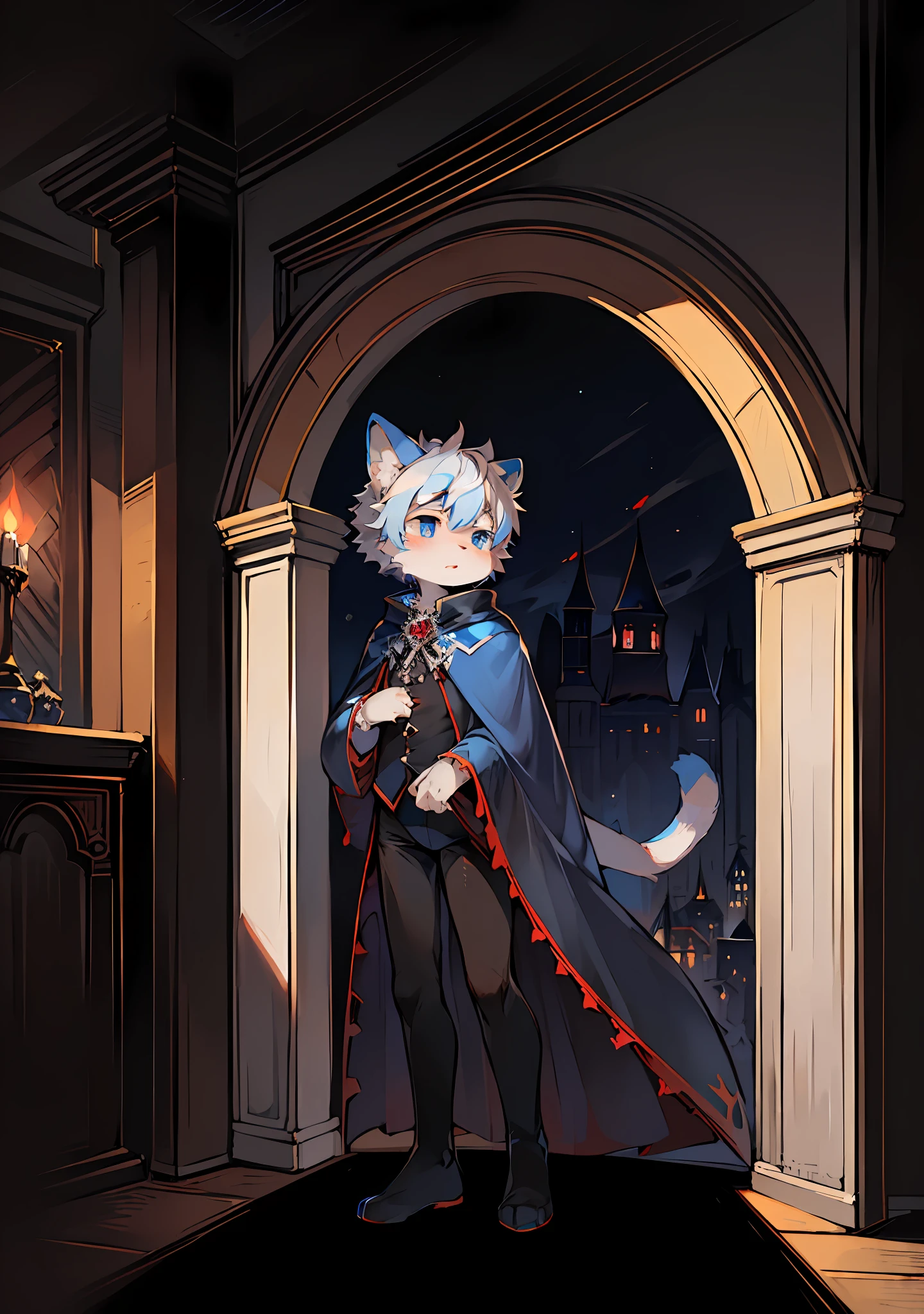 (Dark Environment: 0.8), Masterpiece, High Quality, Abstract Res, Digital Painting\(artwork\), by Dagasi, Yupa, Kiyosan, (Anthro, Fluffy Fur, Character Focus: 1.1), Anthro Male Cat, Short Hair, Portrait , bright eyes, panorama, character focus. (Background: 0.7), Solo, Furry, Hairy Male, Male Focus, Anthr, (Full Body Fur, Fish Tail, Blue and White Fur, Red and Blue Eyes, Silver Hair: 1.2), (Long Feline, Vampire, Cape: 1.2), (Interior, Night, Castle, Coffin: 1.1)