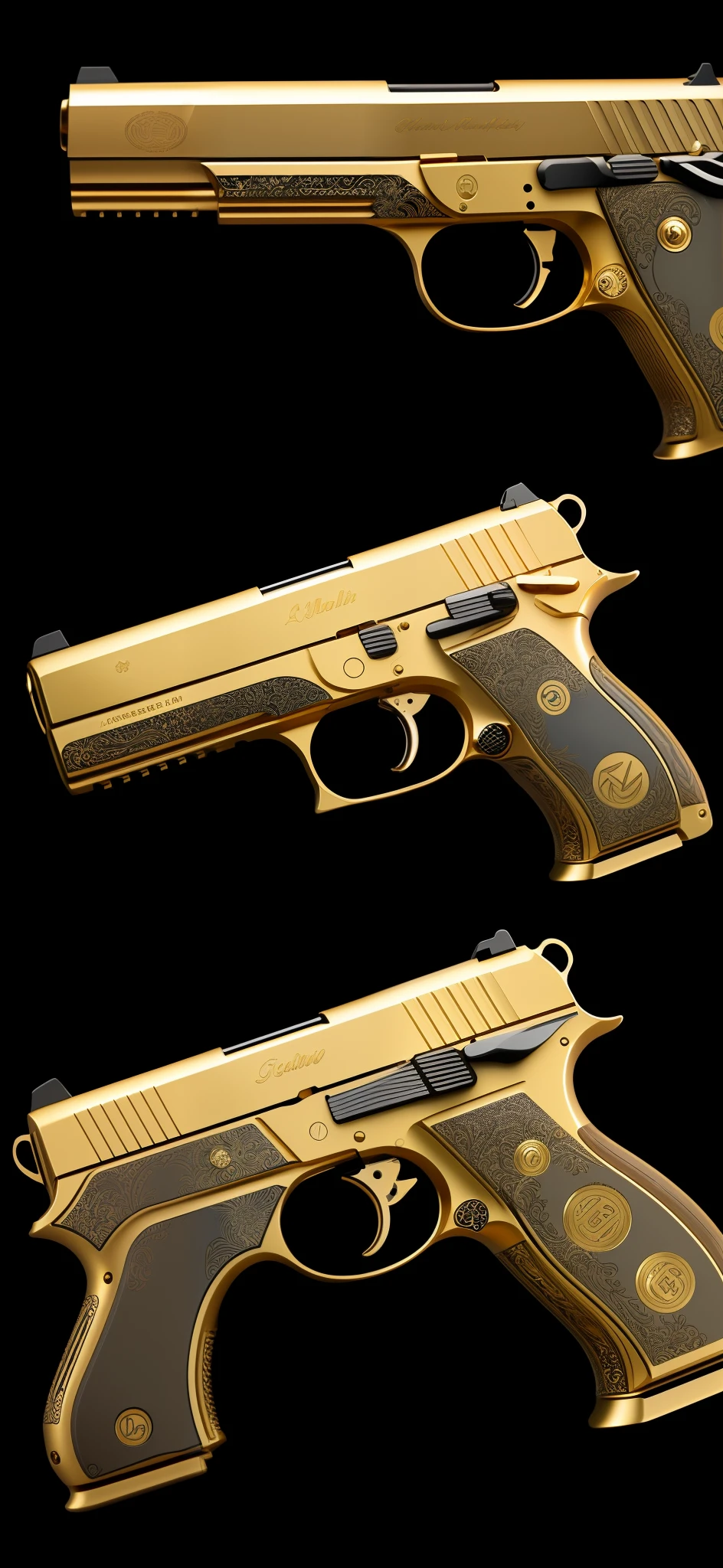 a close up of a gold gun with a black background, beautiful surreal pistol, engraved vector, realistic gun design, engraved highly detailed, 3d gun model, realistic gun, realistic weapon, realistic gold, inspired by Walther Jervolino, gun art reference, weapon design, ultra highly detailed, highly detailed engraving, very very very highly detailed, mega highly detailed