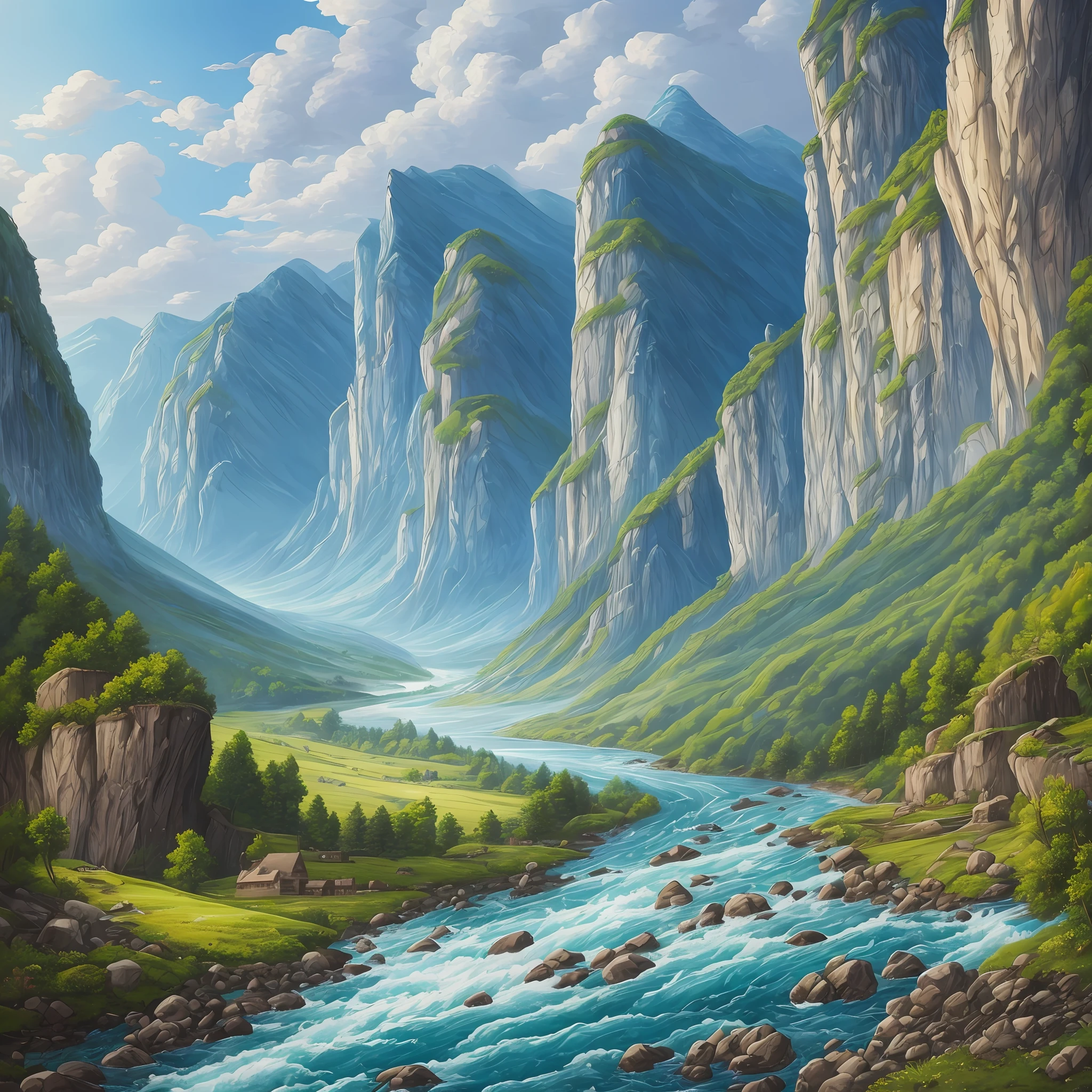 This is a magnificent landscape painting depicting a bottomless valley with towering mountain peaks, raging rivers, lush forests and ancient castles. The whole painting is based on blue, green and gray, and the fresh, quiet and mysterious atmosphere makes people feel the unique charm of nature. --auto --s2