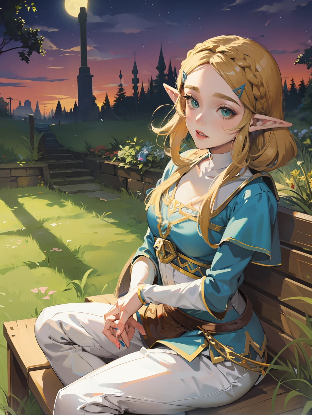 Anime - photo of the style of the woman sitting on the bench in the garden, bot style, The Legend of Zelda, The Legend of Zelda, Breath of the Wild art style, charming elf princess night, bot, elf princess night