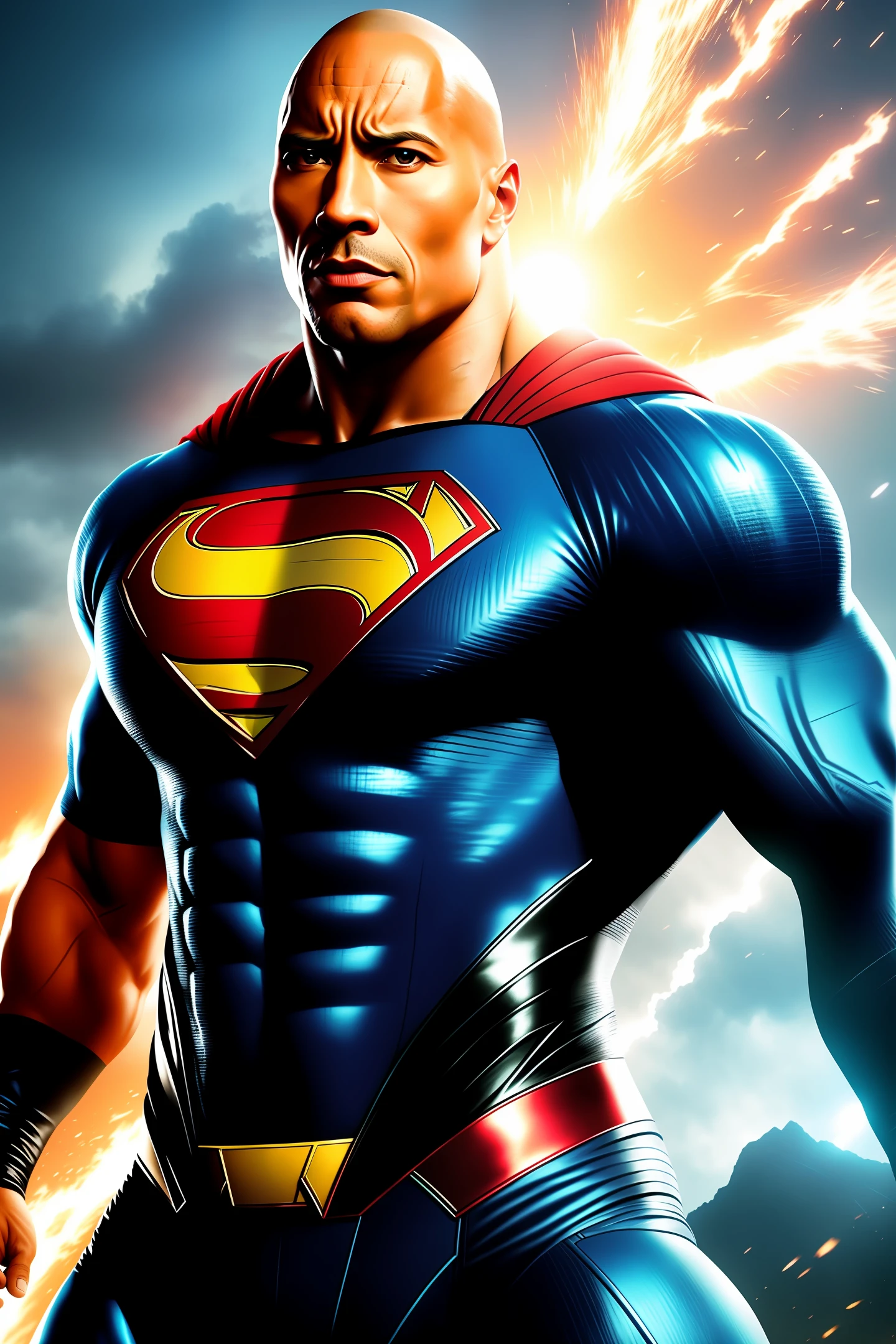 The Rock, Dwayne Johnson, as Super Man, highres, hyper realistic, obra-prima, cinema, with a long mownhawk hair