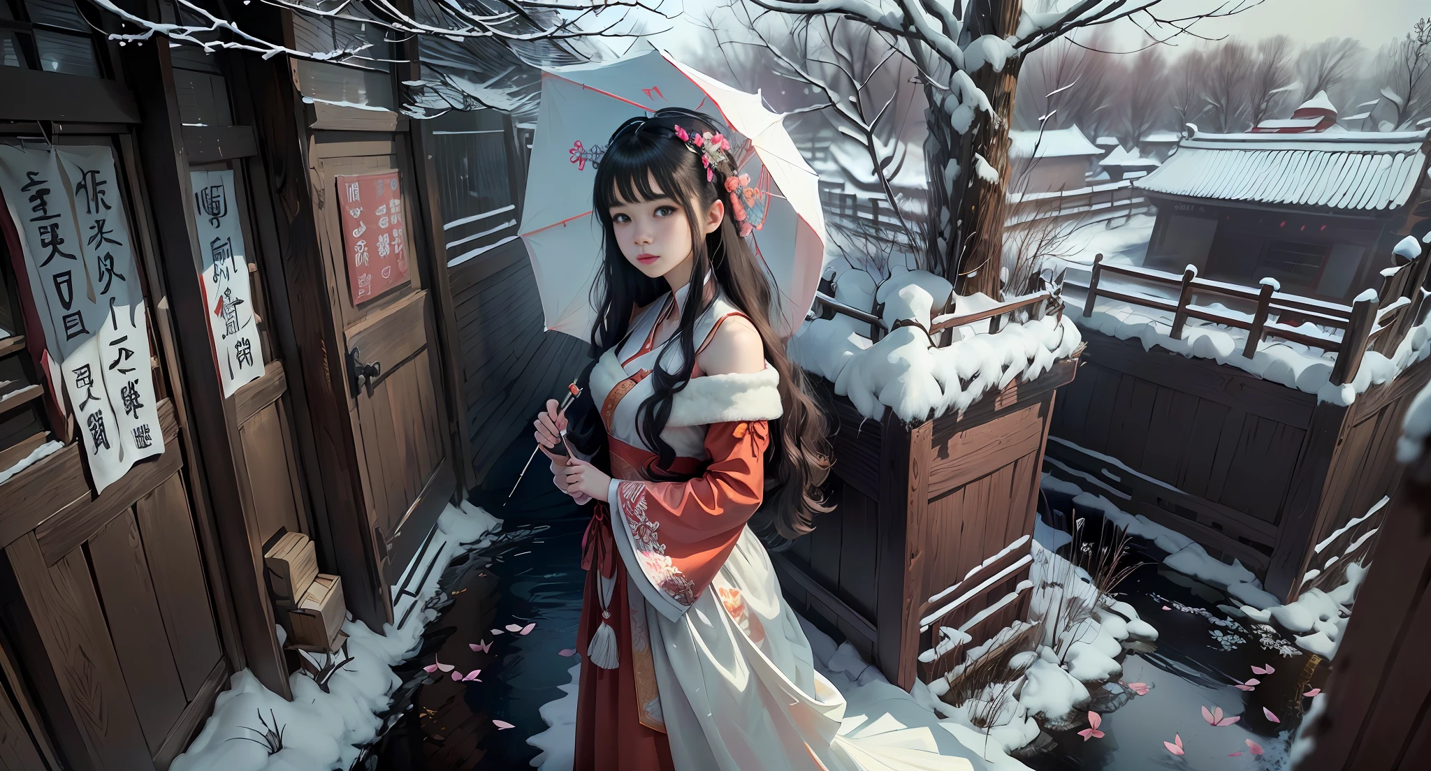 There is a woman in red dress holding a white umbrella, traditional Chinese white umbrella, wild snow scene, a girl in Hanfu, Hanfu, Chinese girl, Chinese woman, Chinese style, white Hanfu, red shawl, snowing, distant scene one A peach blossom tree, full of peach blossoms, a few villages of peach blossoms stretching down from the close-up view, a lot of peach petals floating in the air, heavy snow with goose feathers, 2 colorful butterflies flying, traditional Chinese clothing, cover photo Du's portrait Juan, portrait photo, China Princess, wearing red cheongsam, inspired by Tang Yifen, black haired goddess, beautiful brunette girl, oriental girl, master work, best picture quality, higher quality, high detail, super high resolution, 8k resolution, depth of field, Cinematography, Intricate detail, Elaborate, Meticulous, Magnificent, Maximum detail, Extreme beauty, (((1girl, solo))), 18age, Long hair, Black hair, White skin, Realistic, Masterpiece, (best picture quality), higher quality, high detail, super high resolution, panorama, exquisite facial features, perfect face, glowing skin, dreamy background, women, girls, angels, mini girls, goddesses, poets, shy, Surprise, shoulder-length hair, black hair, sharp and clear focus, three-dimensional silhouette, correct proportions, realistic portrait, face close-up, a very temperamental beautiful girl, slender figure, exquisite facial features, flowing long hair, Black hair, extremely detailed hair description, (collarbone), perfect face, clean and flawless face, long eyelashes, light pink eye shadow, shallow dimples, blush, watery big eyes crystal clear, delicate cream Glowing skin like skin, detailed skin details, CFG scale: 8, Hires upscale: 1.5, PT: Luo Tianyi, Shenli Linghua, LoRA: Hanfu 2.5D-4(0.3), Asian Face Girl-1(0.15) , OC rendering--V6