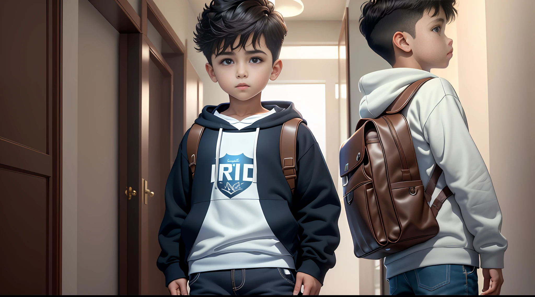 right view, (best quality, masterpiece, ultra-realistic), Masterpiece, best quality, cinematic lighting, beautiful concept art, surrealism, epic scene, 8K, Milo is a boy view from left to right, the boy 6 year old, full body, boy wearing blue dark shorts, white hoodie and brown school bag. blank background, black background, single background