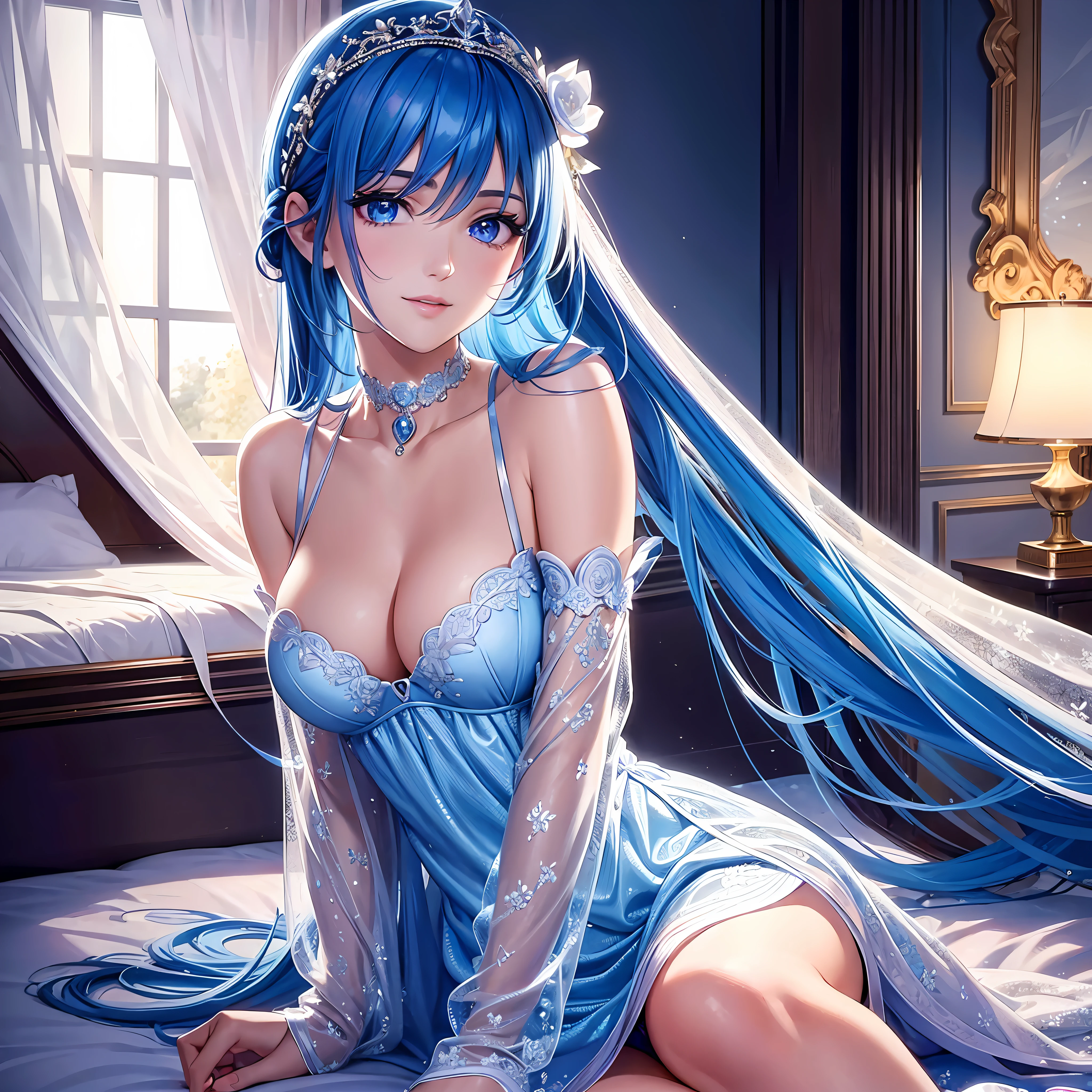 Illustration, cinematic light, high resolution, best quality, super detailed, detailed face, (detailed eyes), highest quality, super detail, masterpiece, (detailed face), upper body, subject forward, pretty face, best smile, sexy mature woman (pajamas: 1.5), ultra detailed embroidery, choker, NSFW, blue eyes, neon small shiny hair edges, D cup, cleavage, AI fantasy super luxurious room: 5, sparkling interior with neon details, (on cute AI bed: 1.15), (sit-in: 15), (morning sun shining through window), light reflection, heart-shaped iris, playful eyes, open shoulders, hair jewelry, import