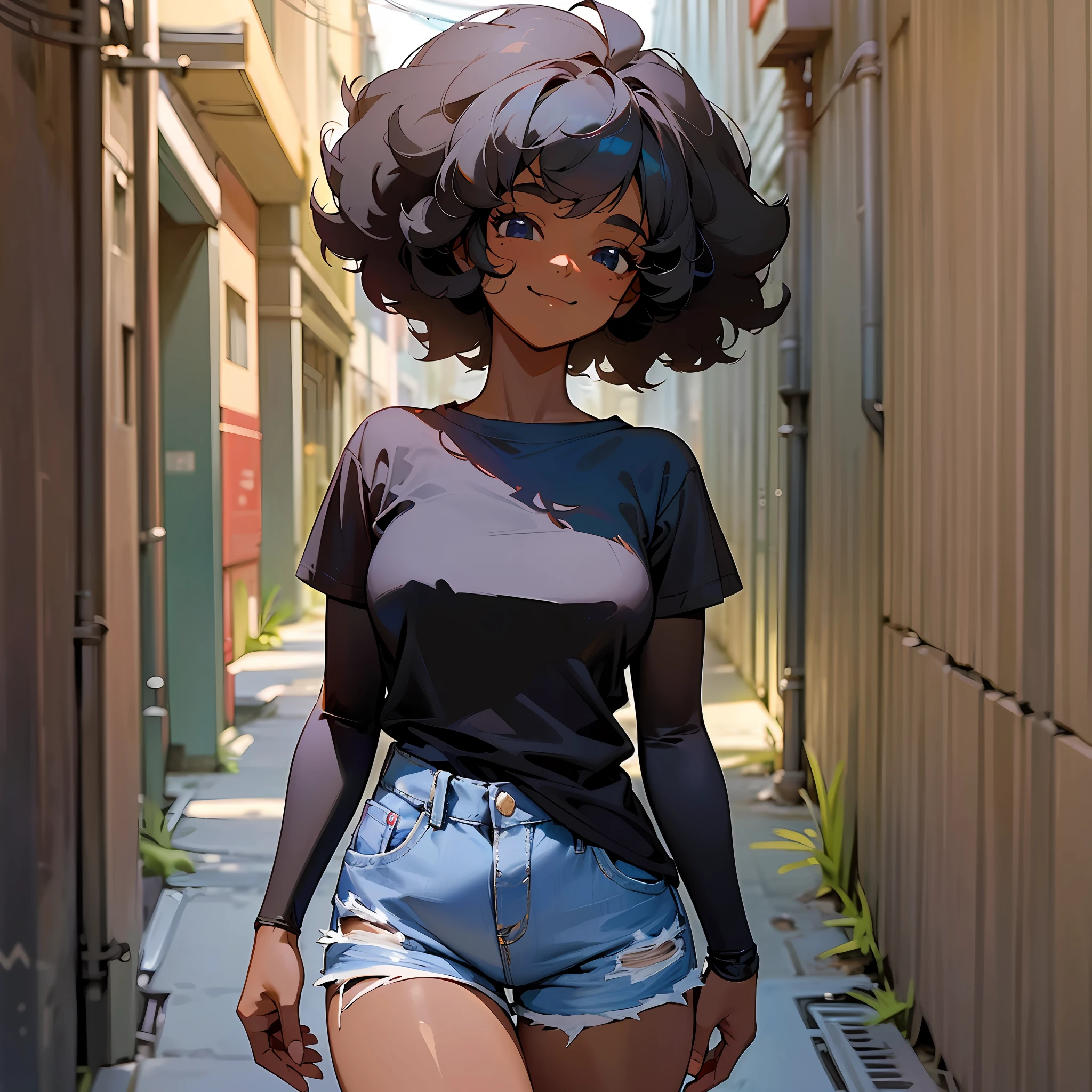 High quality, masterpiece, Dark skin women, ((Black hair)), puffy Afro, realistic, cartoon style, anime, ((no graphic dark Grey T-shirt)), ((City alleyway at night)), round face, dark blue Jean shorts, black stockings, smiling, happy, Long sleeve shirt under T-shirt, round Chin, soft body