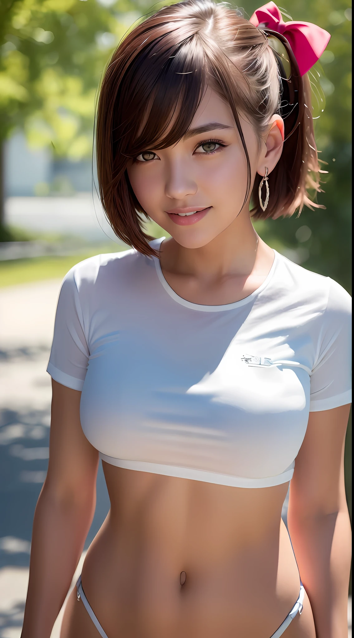 (8k, RAW Photos, Best Quality, High Resolution: 1.1), (Ultra Realistic: 1.4), (Realistic, Photorealistic: 1.3), Soft Light, Big, Girl, Realistic Face, Realistic Body, Realistic Skin, Absurdity, Masterpiece, (Cute: 1.8), Cuties, Solo, (Big: 1.2), Detailed Black Eyes, Innocent Eyes, Cheek, (T-Shirt: 1.2), Cinema Light, Film grain, jewelry, white polo shirt, earrings, ((short bob hair: 1.1)), (floating hair novafrog style)), cherry colored lips, hair ribbon, hair ribbon, close-up, look viewer, upper body, open lips, upper teeth, (smiling eyes: 0.6), (grin: 1.2)), depth of field, blurred background, eye focus, bokeh, young, 85mm lens, f/1.4, professional lighting, young, portrait, photon mapping, radiosity, physically based rendering, no bra