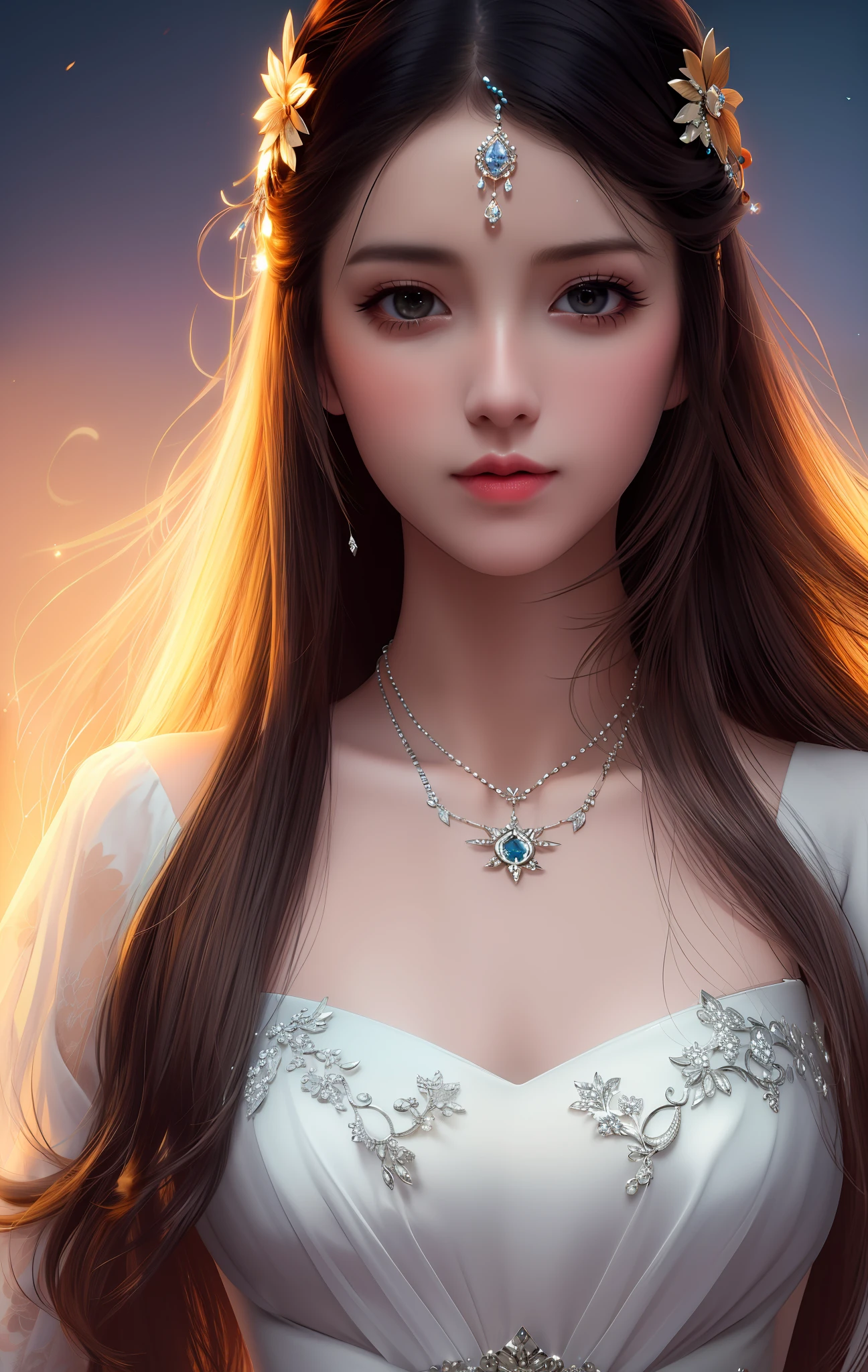 Best Quality, Masterpiece, High Resolution, 1girl, Porcelain Dress, Hair Accessories, Necklace, Jewelry, Beautiful Face, Physically, Tyndall Effect, Realistic, Dark Studio, Rim Lighting, Duotone Lighting, (High Detail Skin : 1.2), 8k uhd, dslr, soft light, high quality, volume light, candid, photo, high resolution, 4k, 8k, bokeh