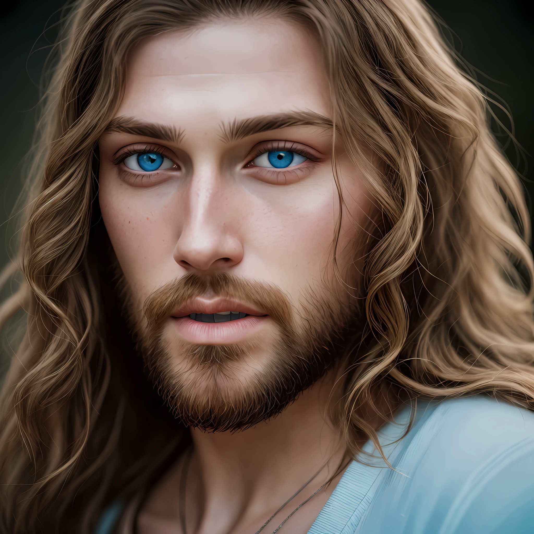 An incredibly beautiful photorealistic portrait of Jesus without makeup, extremely detailed light blue eyes, detailed symmetrical realistic face, extremely detailed natural texture, fuzz peach, long windy hair, masterpiece, absurdists, photo awarded by Lee Jeffries, Nikon D850 Film Stock Photograph, Kodak Portra 400 camera f1.6 lens, extremely detailed, amazing, fine details, rich colors, hyper realistic texture, dramatic lighting, unrealengine, trend in artstation, cinestill 800 tungsten, looking at the viewer, realistic photo, RAW photo, TanvirTamim, high quality, highres, sharp focus, extremely detailed, cinematic lighting, 8k uhd, -imagine-