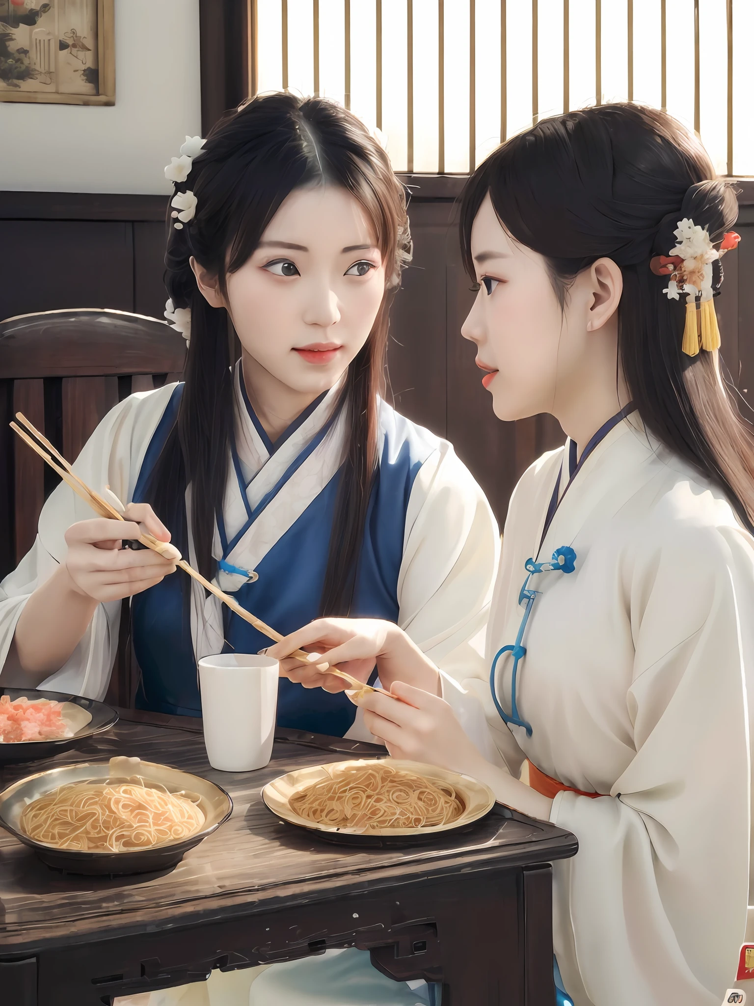 ((Real Photo 1:2))((Realistic Photo)) Leica Camera Shot, Masterpiece, Best Quality, (Very Detailed Unity 8k) (Best Quality), (Best Shadow) Lighting Tracking, Super Detailed , Asian Woman Eating at Table in Traditional Costume, Guwiz style artwork, Girl in ancient Chinese costume, Palace, Hanfu girl, Eating noodles, Popular on CGSTATION, Beautiful digital artwork, Guwiz, White Hanfu, Hanfu, Chinese style, Beautiful photos of people