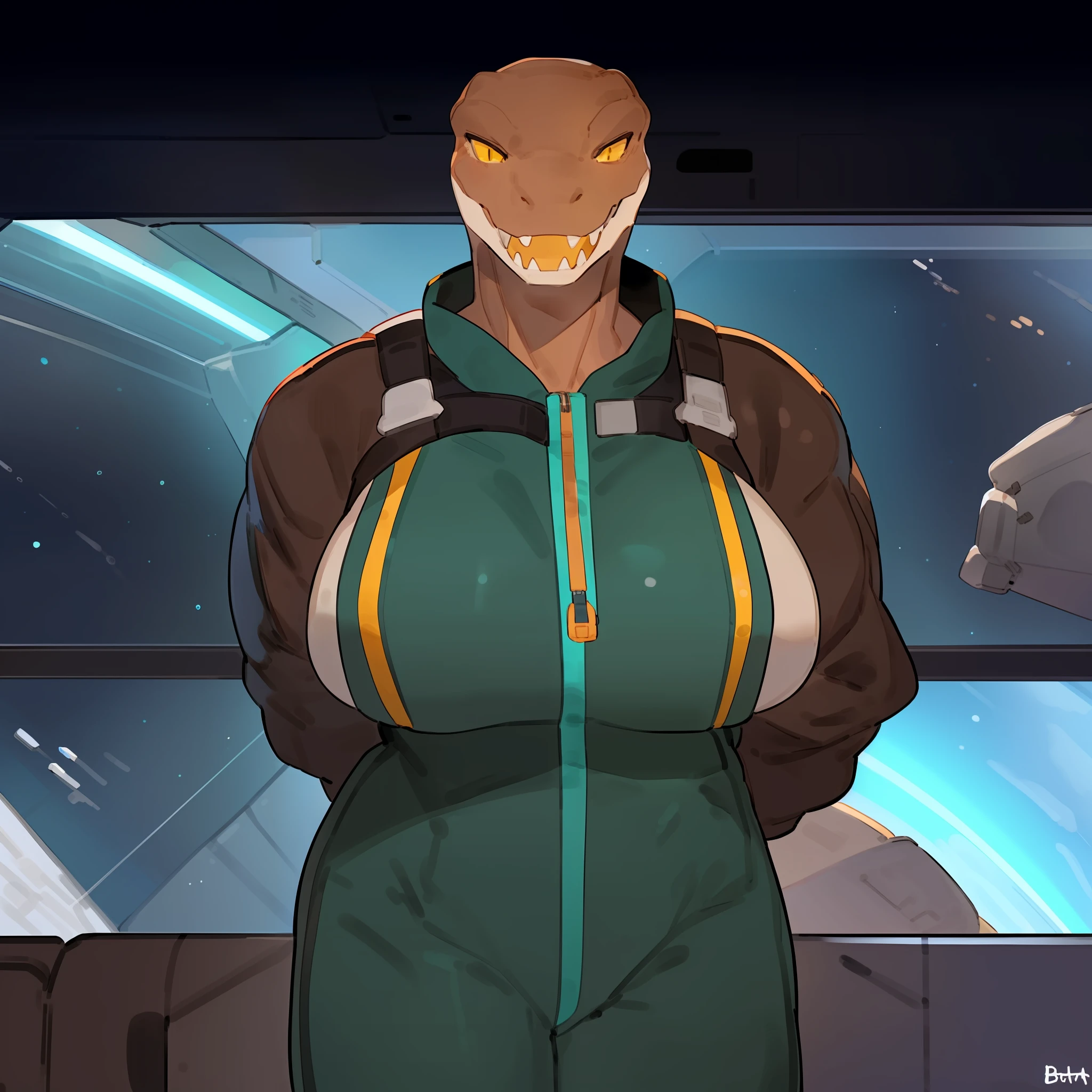 Solo, female, alligator, teeth, yellow teeth, fangs, yellow eyes, brown body, brown skin, muscular, athletic, big, large, tall, big breasts, dark teal jumpsuit, dark teal spacesuit, space, spaceship, window, by bebebebebe, (((by buta99))), by sindoll, by cervina7