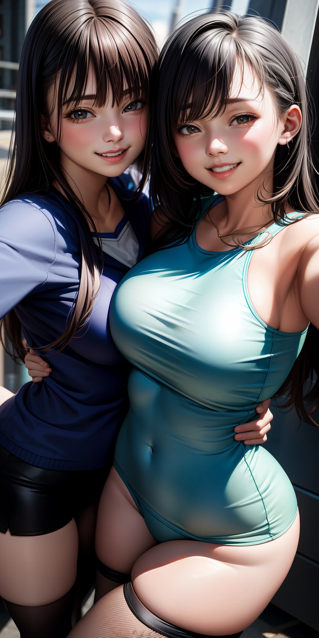 Realistic, 2 high school girls, close contact selfie, breasts a little big, face a little laughing, sexy