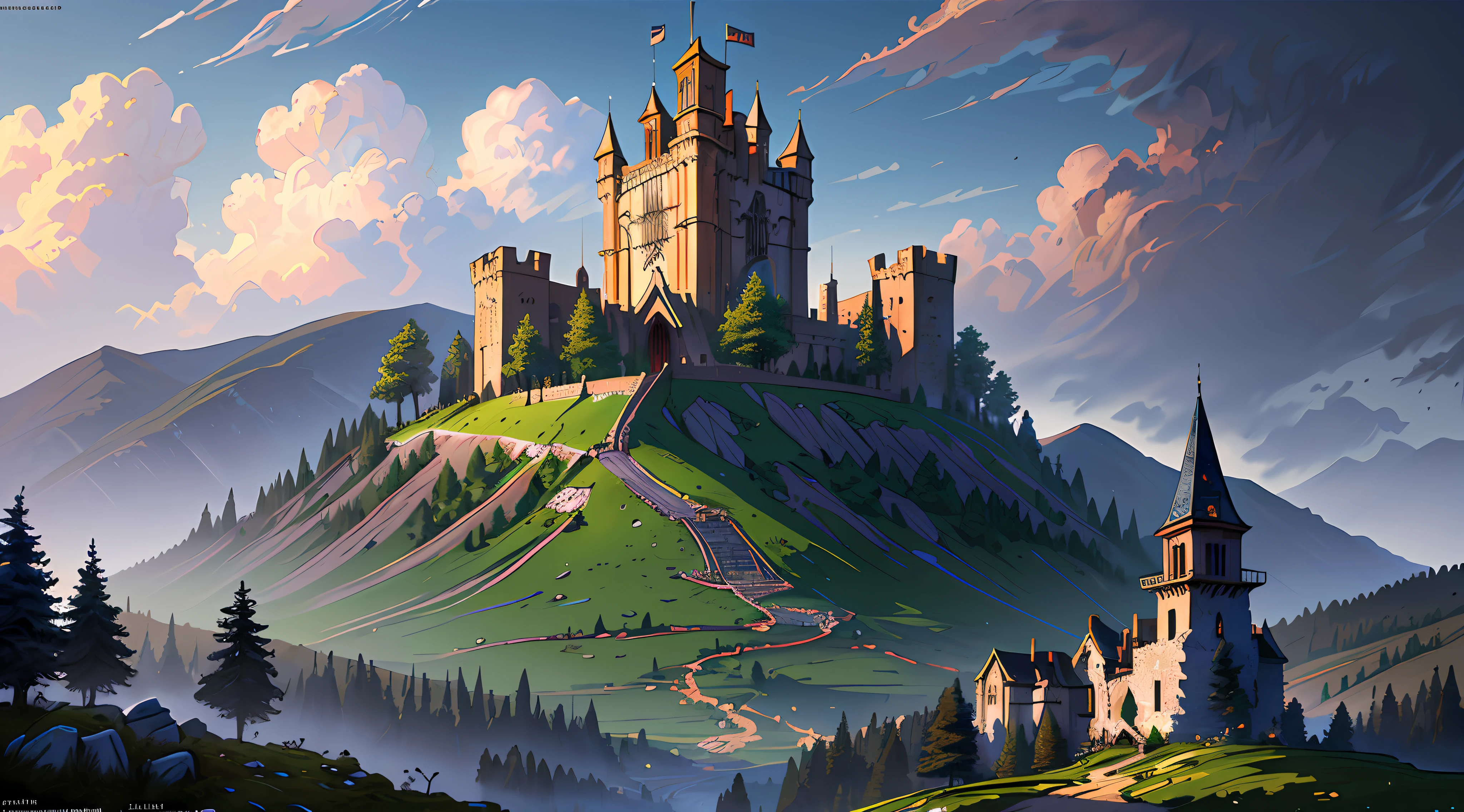(8k unit wallpaper CG extremely detailed, masterpiece, best quality, ultra-detailed), (((soil)))), a medieval tower on a hill in an immense valley, (high details), (intricate details), intricate, incredible high details, highly detailed environment, illustrator, (masterpiece), art by Greg Rutkowski.