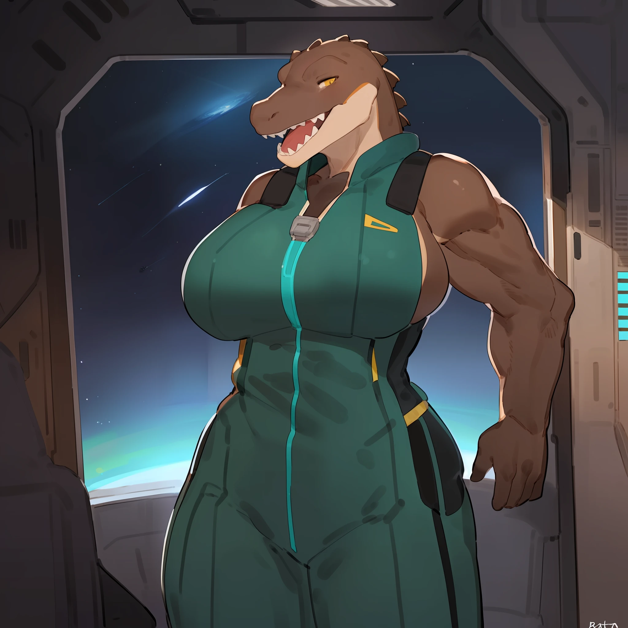 Solo, female, alligator, teeth, yellow teeth, fangs, yellow eyes, brown body, brown skin, muscular, athletic, big, large, tall, big breasts, dark teal jumpsuit, dark teal spacesuit, space, spaceship, window, by bebebebebe, (((by buta99))), by sindoll, by cervina7