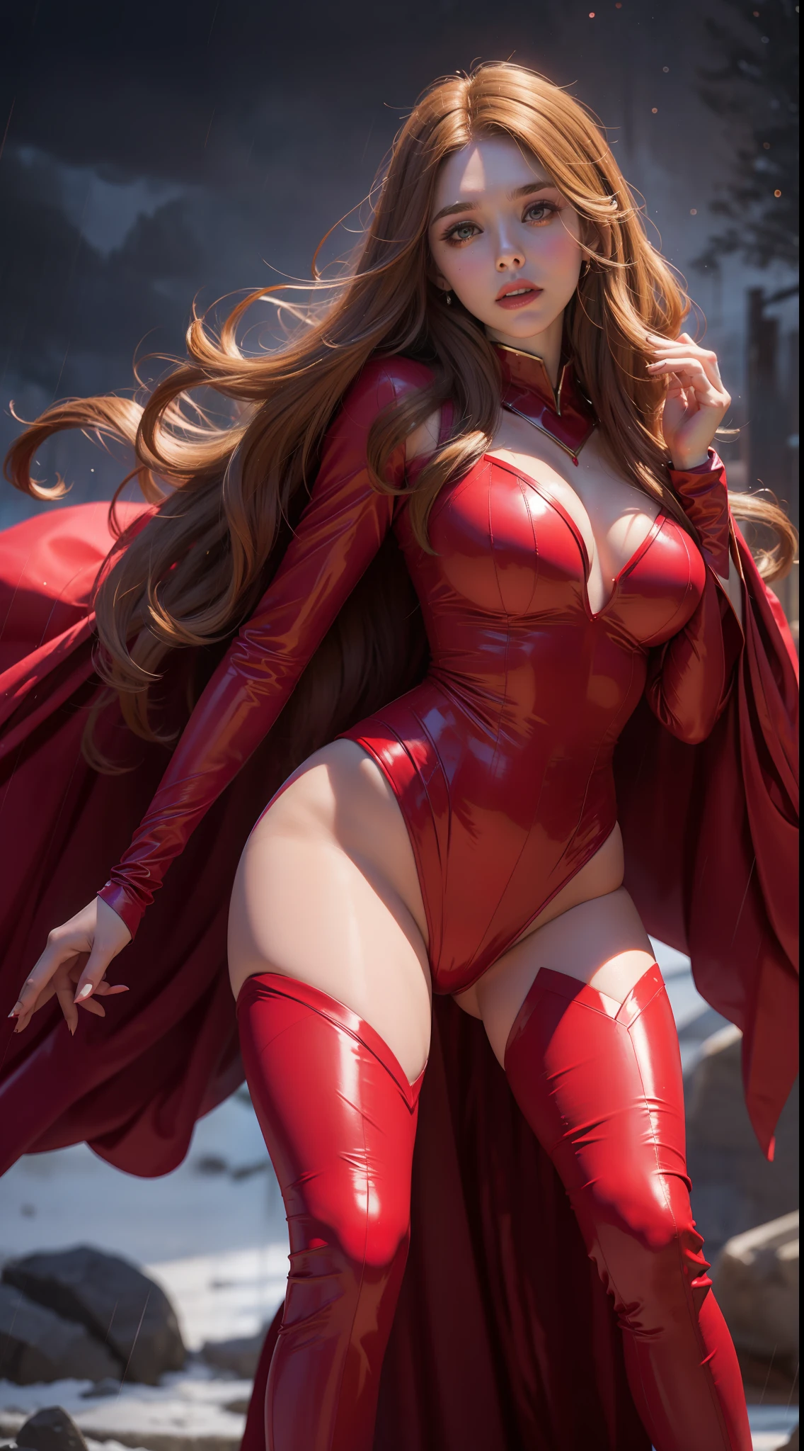 Elizabeth Olsen, beautiful, Scarlet Witch Cosplay, full body photo, prominent figure, night, photo (Masterpiece) (Best quality) (Detail) (8K) (HD) (Wallpaper) (Cinematic lighting) (Sharp focus) (Intricate), sexy, rain, best quality, ultra high resolution, realistic photo, full body portrait, incredibly beautiful, dynamic poses, detailed skin texture, highly detailed skin, detailed face, beautiful legs, soil