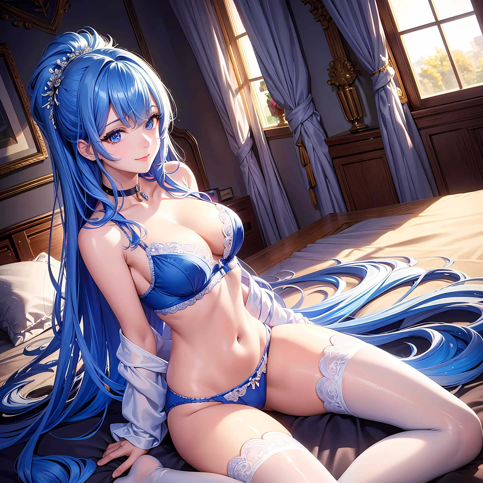 Illustration, cinematic light, high resolution, best quality, super detailed, detailed face, (detailed eyes), highest quality, super detailed, masterpiece, (detailed face), pretty face, best smile, sexy mature woman fluttered (pajamas: 1.5), ultra detailed embroidery, choker, NSFW, blue eyes, neon small shiny hair edges, D cup, cleavage, AI fantasy super luxurious room: 5, Sparkling interior with neon details, (on a cute bed: 1.15), (sit-in: 15), (morning sun shining through the window), light reflection, heart-shaped iris, playful eyes, open shoulders, hair jewelry, panties, cute panties: 1.5, import