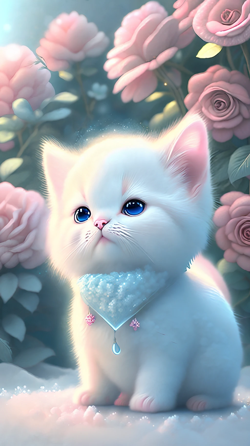In this ultra-detailed CG art, cute kittens surrounded by ethereal roses, laughter, best quality, high resolution, intricate details, fantasy, cute animals, left, funny, left!! Mouth!!! Laugh!!!
