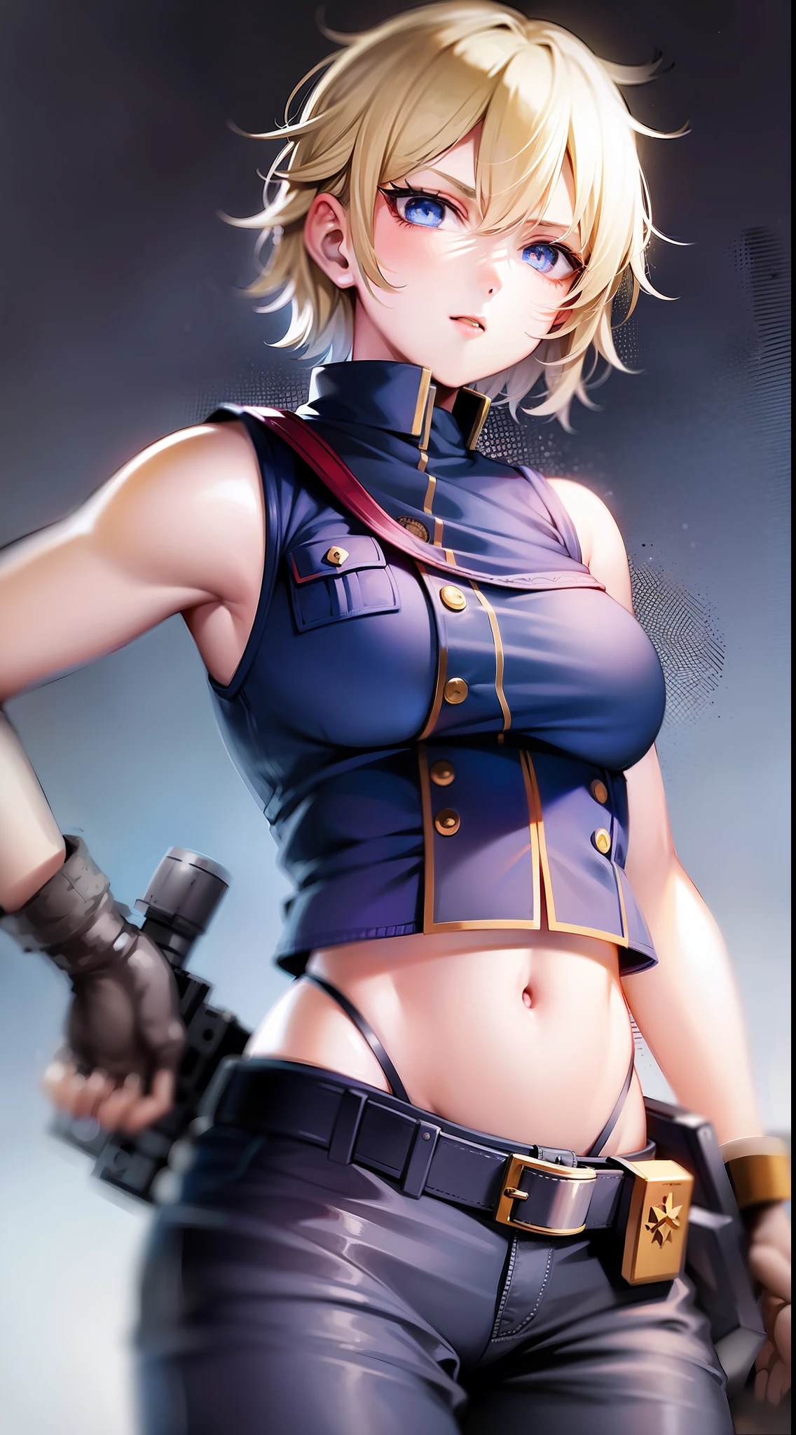 Young girl, short blonde hair, blue eyes, soldier's uniform, sleeveless, open belly, pants, gun, serious look, masterpiece, high quality