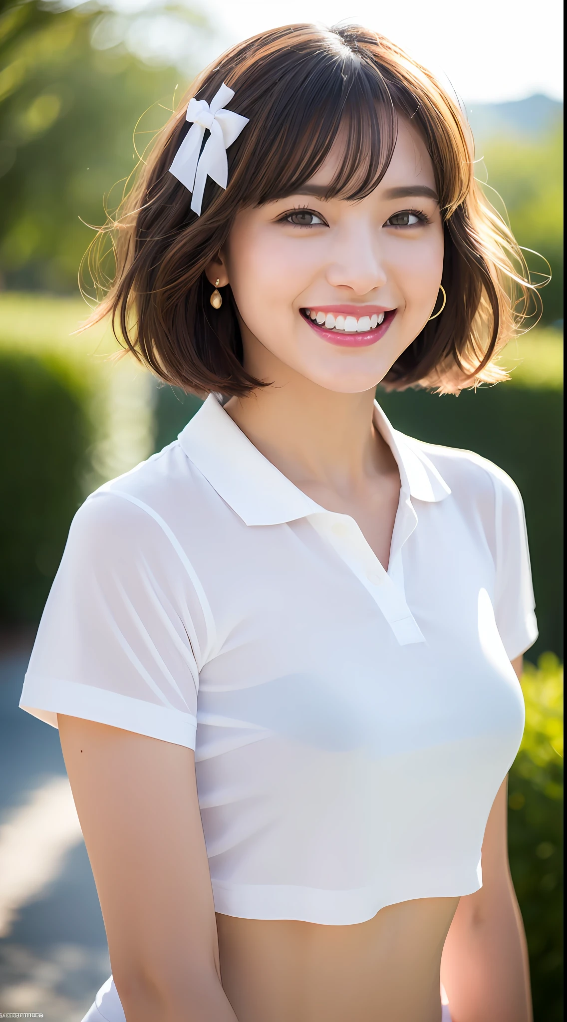 (8k, RAW Photos, Best Quality, High Resolution: 1.1), (Ultra Realistic: 1.4), (Realistic, Photorealistic: 1.3), Soft Light, Big, Girl, Realistic Face, Realistic Body, Realistic Skin, Absurdity, Masterpiece, (Cute: 1.8), Cuties, Solo, (Big: 1.2), Detailed Black Eyes, Innocent Eyes, Cheek, (T-Shirt: 1.2), Cinema Light, Film grain, jewelry, white polo shirt, earrings, ((short bob hair: 1.1)), (floating hair novafrog style)), cherry colored lips, hair ribbon, hair ribbon, close-up, look viewer, upper body, open lips, upper teeth, (smiling eyes: 0.6), (grin: 1.2)), depth of field, blurred background, eye focus, bokeh, young, 85mm lens, f/1.4, professional lighting, young, portrait, photon mapping, radiosity, physically based rendering, no bra