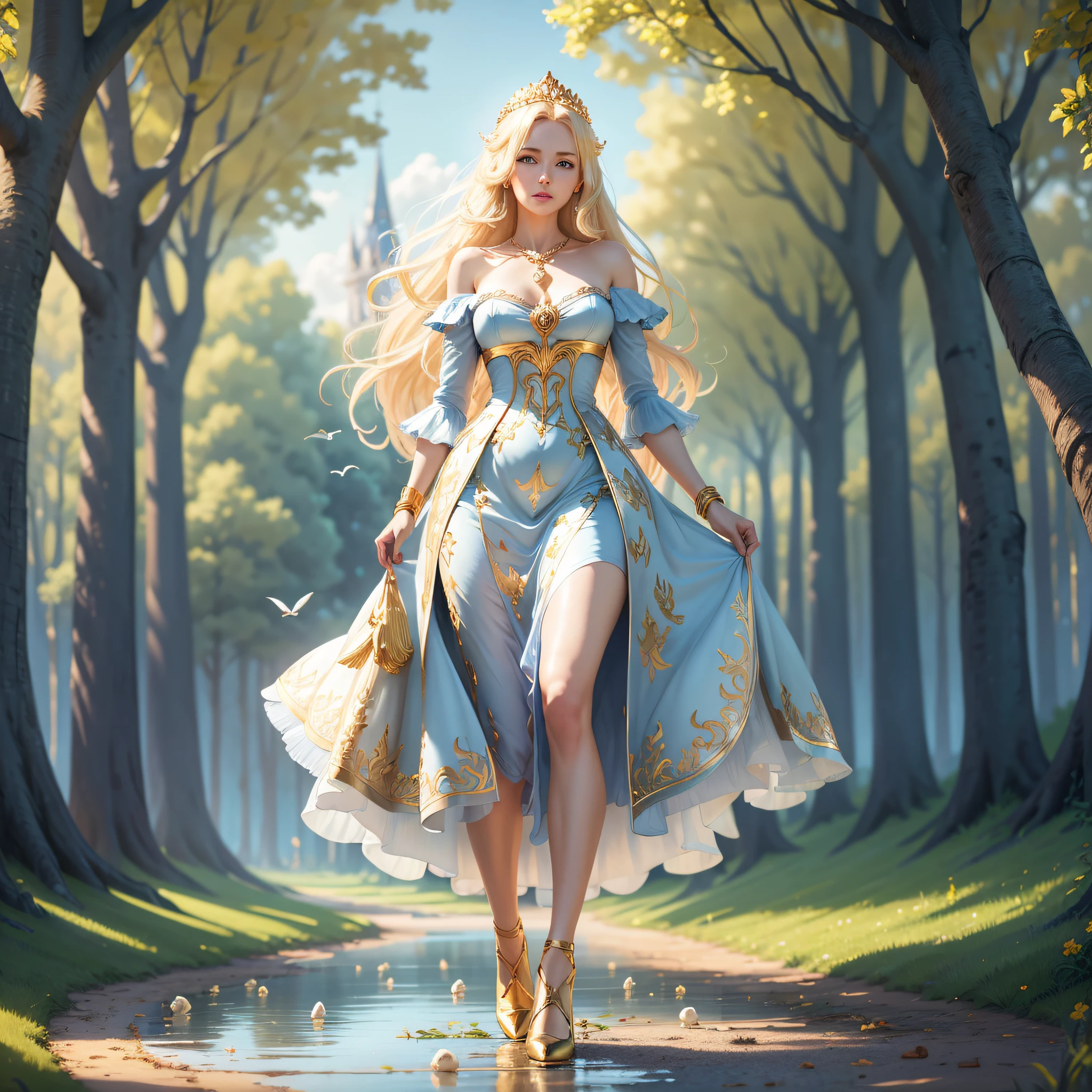 (Wallpaper ) Beautiful blonde woman with blue eyes, transparent dress, gold necklace, gold rings, flat white shoes, gold bracelet, blue sky, clouds, birds, unicorn, red roses, trees, grasses, lake, swan, adventure movie set, princess, enchanted movie, cinematic image, 8k --auto --s2