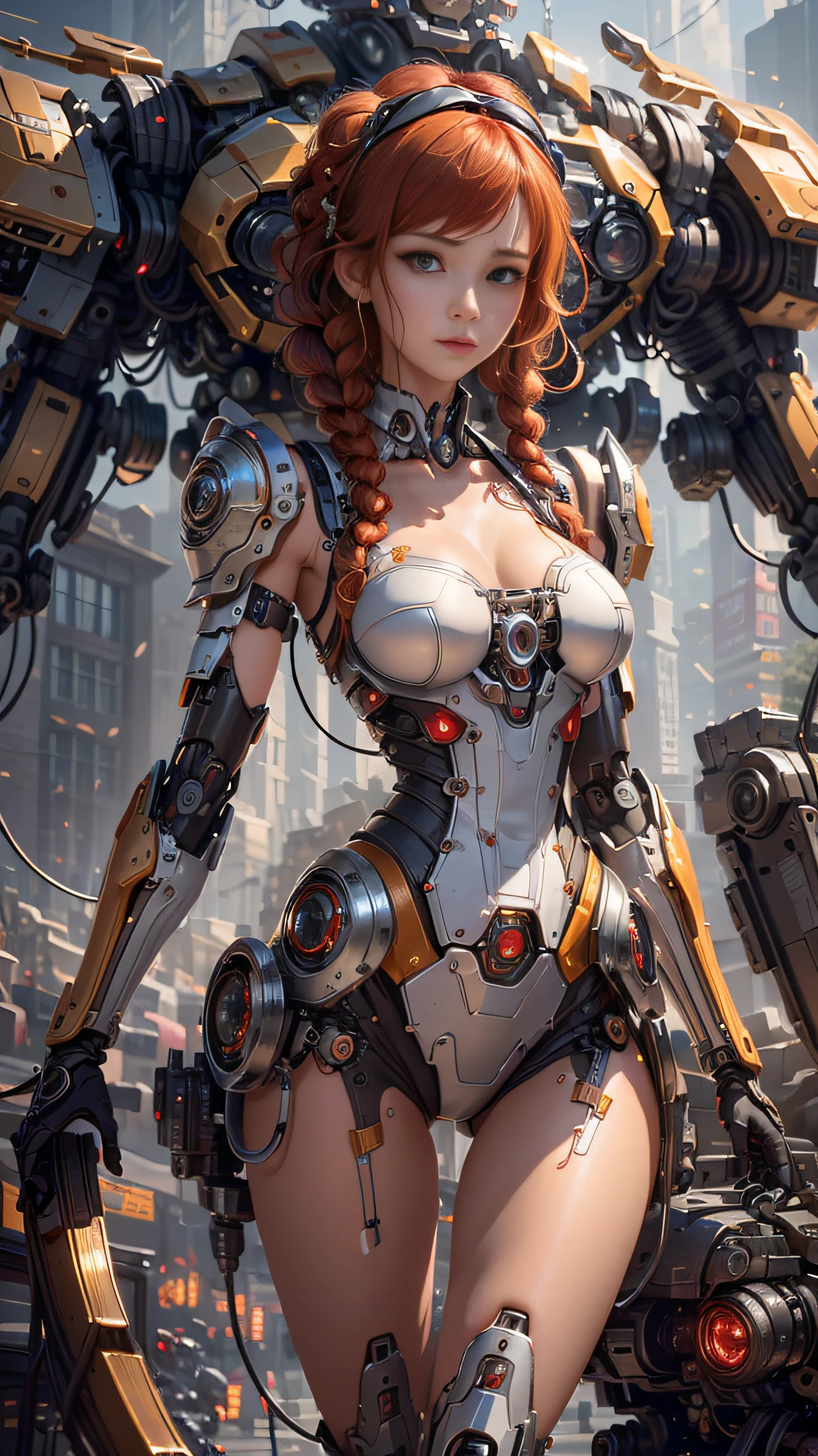 (((masterpiece))), (((best quality))), ((ultra-detailed)), (highly detailed CG illustration), ((extremely delicate and beautiful, very sexy)),cinematic light,((1mechanical girl) ), solo,(cowboy shot: 1.2),(machine-made joints: 1.2),((mechanical limbs)),(blood vessels connected to tubes),(mechanical vertebra attached to the back),((mechanical cervical union to the neck) ), expressionless, (wires and cables attached to the neck: 1.2), (wires and cables on the head: 1.2), (focus on character), science fiction, extremely detailed, colorful, highest detailed, loongs, fengs, background, red hair with braids,