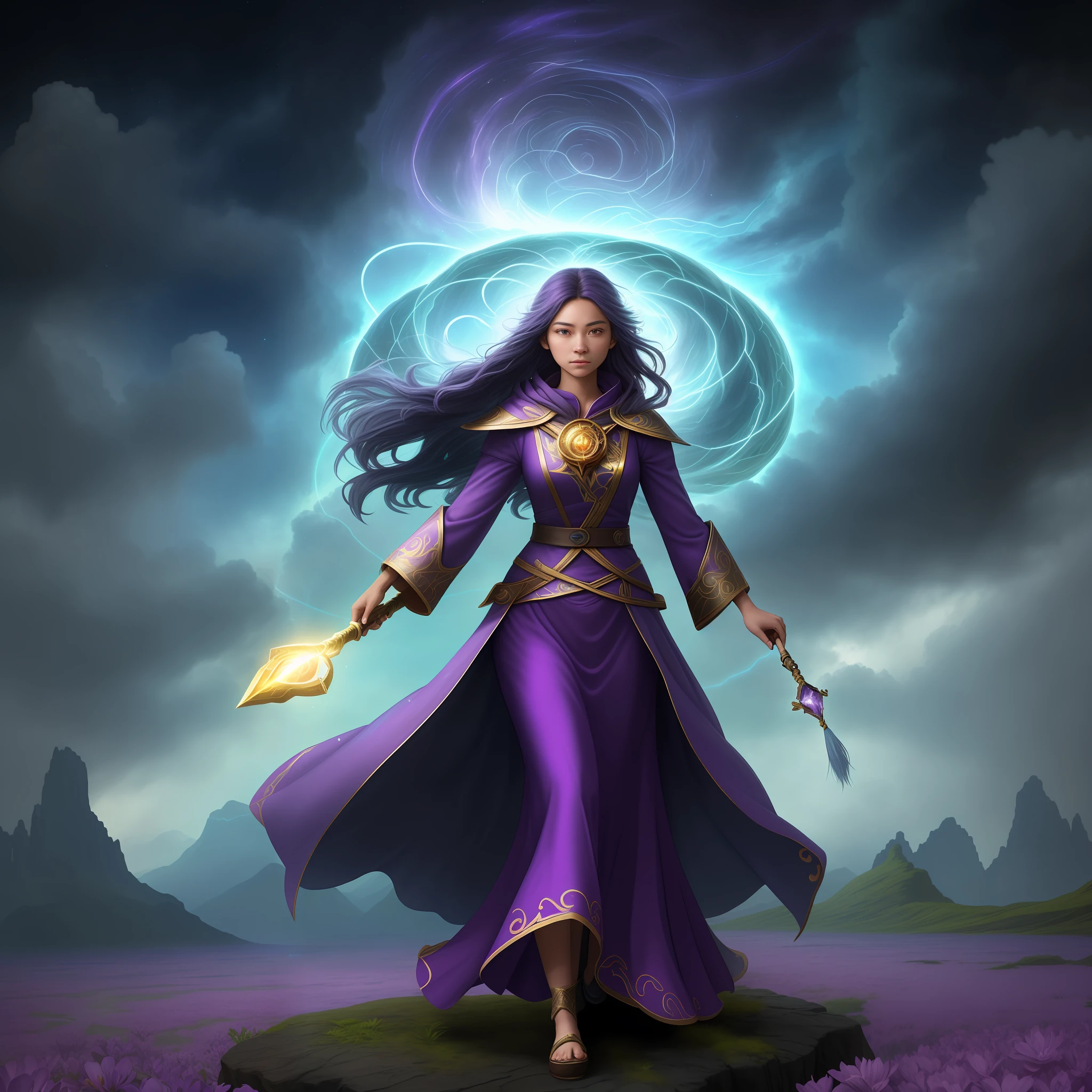 In a fantasy world full of magic and mysterious powers, there is a weather mage named Aina. She is a charming and powerful wizard who excels at controlling the expressions and powers of the weather.

Aina is an elegant and beautiful woman wearing a flowing purple robe and her long hair shining like shooting stars in the night. Her eyes shone with wisdom and courage, showing awe of nature and a desire to explore. She holds an elaborate and ornate staff with an amethyst handle topped by a sapphire that shines with a moving light.

As a weather mage, Aina has the ability to manipulate the elements of nature and direct weather phenomena such as wind, rain, sunlight, and lightning. When Aina unfolded her magic, the sky began to fill with a mysterious aura of magic, and her gestures and eyes contained great energy.

Aina can control the direction and speed of the wind with subtle gestures and focused thoughts, allowing the breeze to gently blow through the flowers and leaves, or blow a violent storm. She can adjust the shape and density of clouds to create dazzling sunlight or rolling thunderclouds. Her power also nourishes the earth, attracts rain to nourish fertile soil, and makes vegetation flourish.

Aina's love and awe for nature makes her a protector. She travels all over the continent with a mission of peace and harmony, reconciling the impetuosity of the weather and protecting people and nature. Her presence brings comfort and hope, strength and protection in bad weather.

In addition to her weather magic, Aina also has the ability to foresee the future. By observing changes in the sky, clouds and stars, she can predict changes from nature and the human world. With her wise insight and thinking power, she helps people make the right decisions, bringing them hope and guidance.

Aina's name was passed down among the people, and she became a female wizard who was revered and admired. Using her weather magic, she creates magnificent and breathtaking landscapes that bl