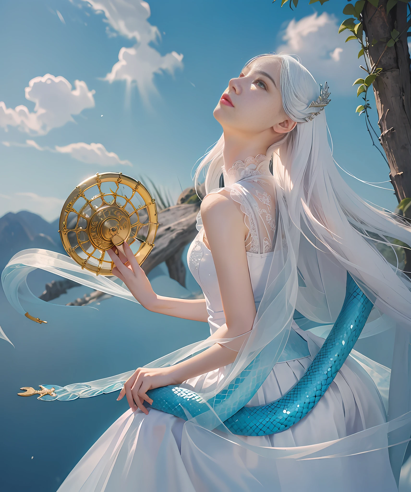 油絵風デジタルアート作品⭐︎白いドレスの美しい女性⭐︎ 白いドレスを着た女性が扇子と青と白のドレスを持っている