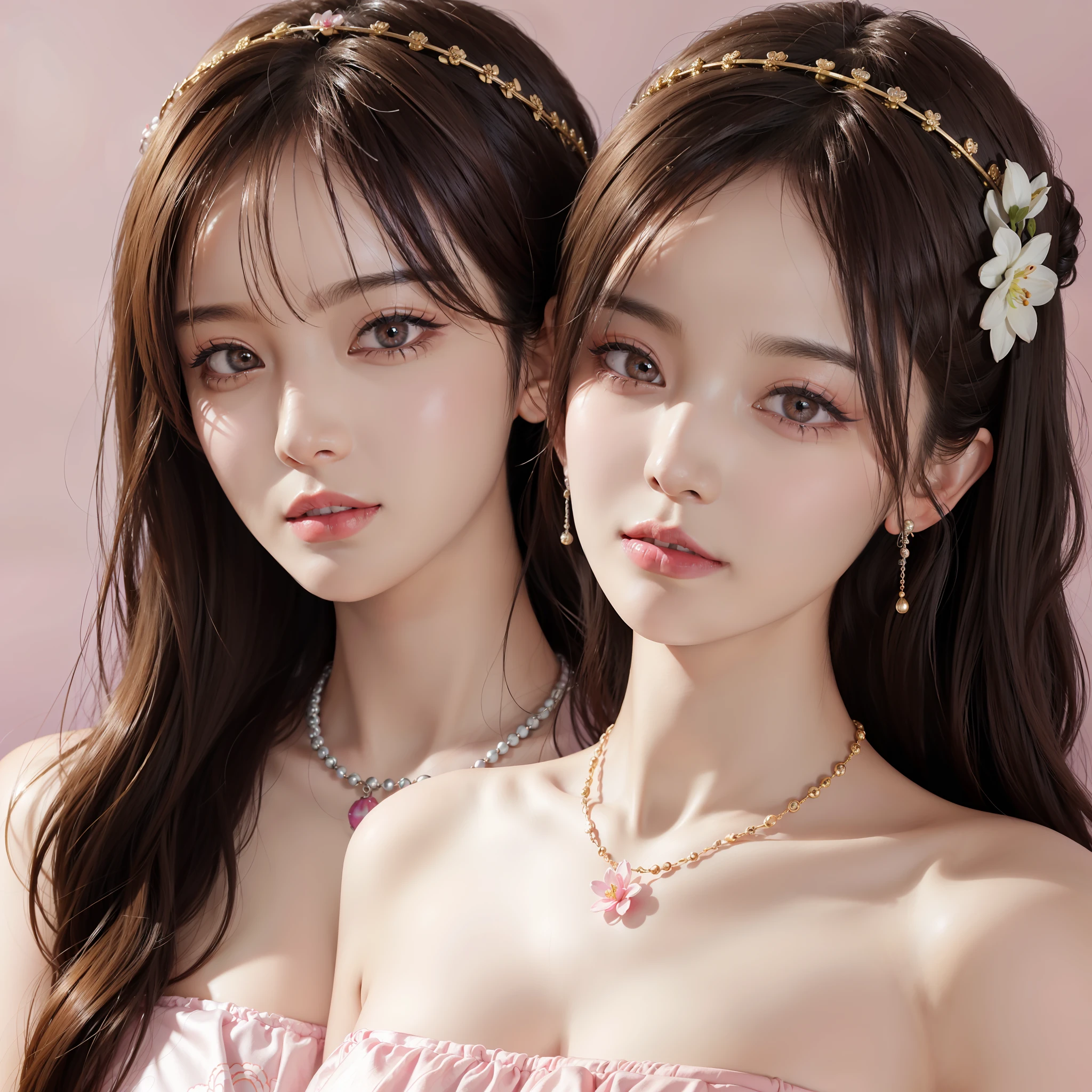 masterpiece, top quality portrait, Korean woman, Beautiful face, Detailed skin texture, Detailed fabric texture, Delicate smile and deep eyes, Modern room, Water reflection, (Flower crown: 1.2+ necklace), Pink background, Elegant light rendition