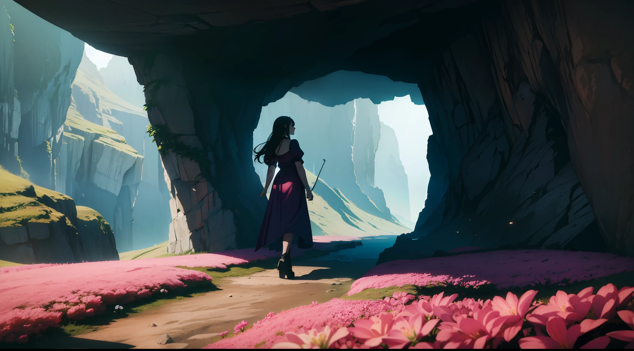 Description: 1girl coming out of a cave and discovering the world, looking in wonder at a stunning landscape. The scene is captured with the camera positioned almost at the entrance of the cave, showing the woman looking at the vast and stunning landscape in front of her.
Environment: The cave is dark and mysterious, with intricate and detailed rock formations. Upon leaving the cave, the woman is faced with an epic and lush landscape, with a lush nature and a vastness of elements such as majestic mountains, flowing rivers, picturesque villages and towering trees.
Lighting: The lighting is extremely well crafted, highlighting the contrast between the darkness of the cave and the light of the world outside. The sun shines brightly, creating bright reflections on the surfaces of the landscape.
Technical Details: Use Unreal Render, Octane Render and HDR to ensure exceptional visual quality, highlighting the intricate details of the cave's rock formations and the lush vegetation of the landscape. Increase the resolution to 8K UHD to enhance scene detail.
Additional Elements: Add elements of mystery and magic to the cave, such as mystical lights or glowing crystals. In the landscape, include colorful mushrooms, exotic flowers and rare butterflies, underscoring the sense of discovery and enchantment.
Observations: Emphasize the expression of the woman, demonstrating her astonishment and admiration at the grandeur of the landscape. Highlight the red dress, now representing the courage and boldness of her journey. Ensure that the scene is focused on discovery and connection with nature, excluding any human construction.