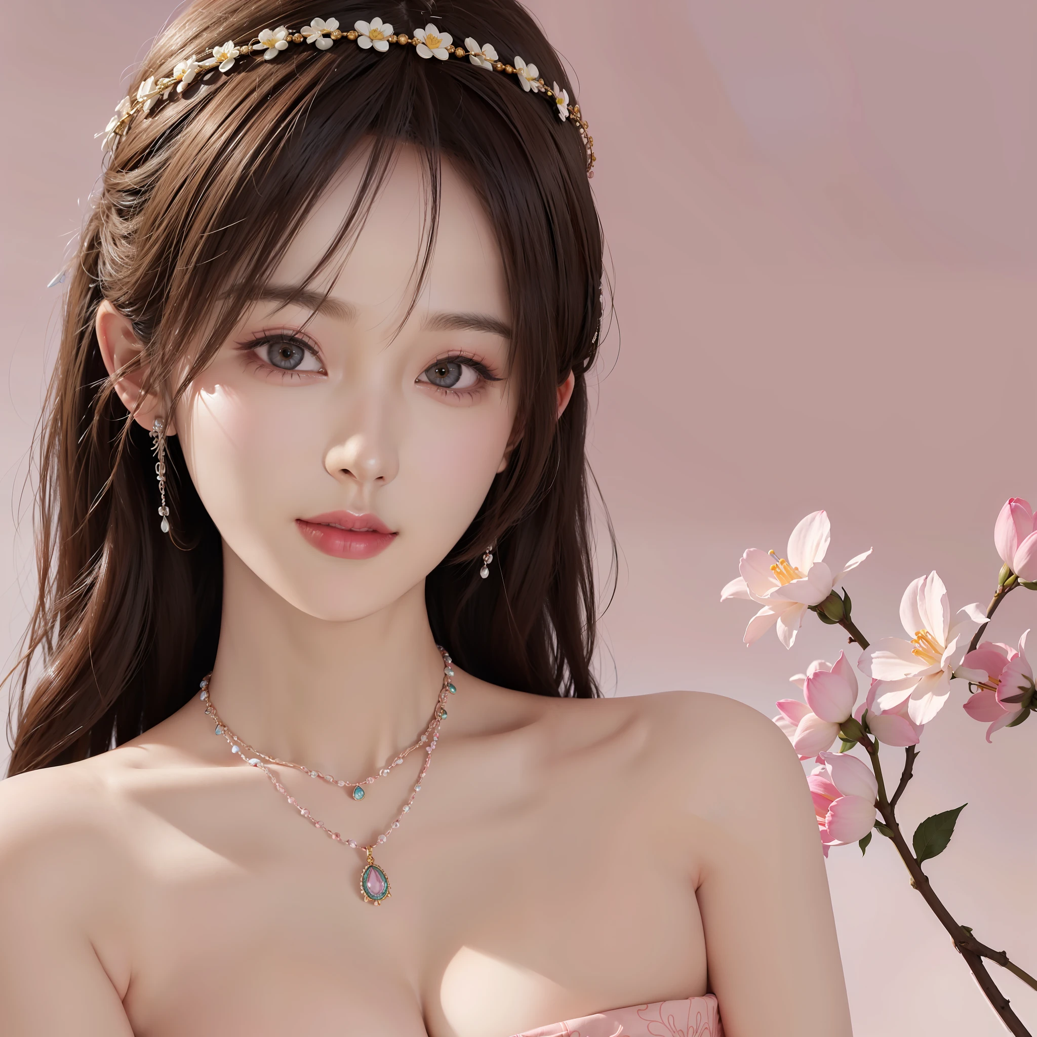 masterpiece, top quality portrait, Korean woman, Beautiful face, Detailed skin texture, Detailed fabric texture, Delicate smile and deep eyes, Modern room, Water reflection, (Flower crown: 1.2+ necklace), Pink background, Elegant light rendition