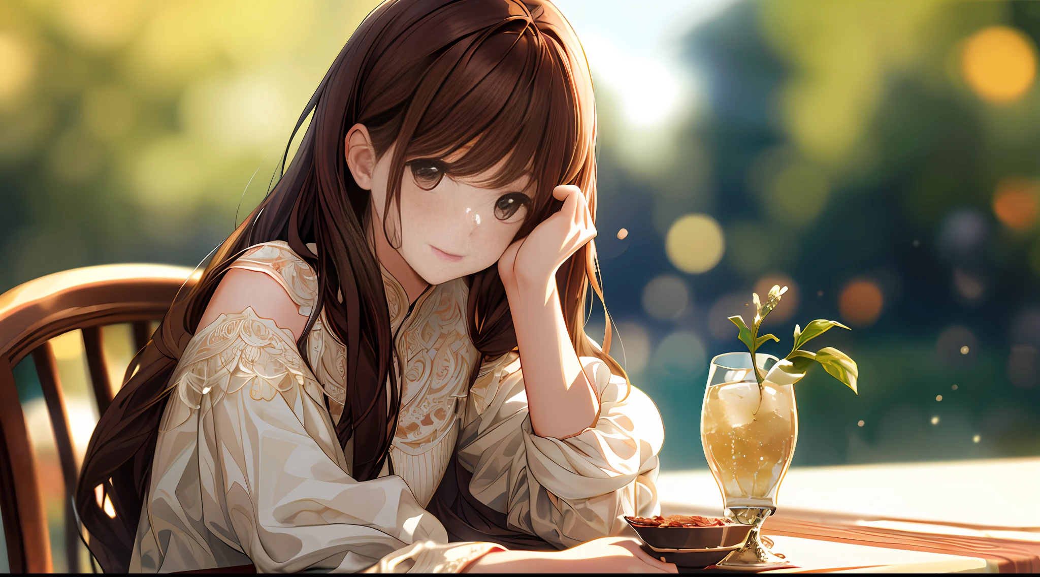 1girl, face focus, adult, detail background, diffuse sunlight, depth of field, background bokeh, (delicate face: 1.3), long hair, brown hair, delicate facial features, sitting at a table