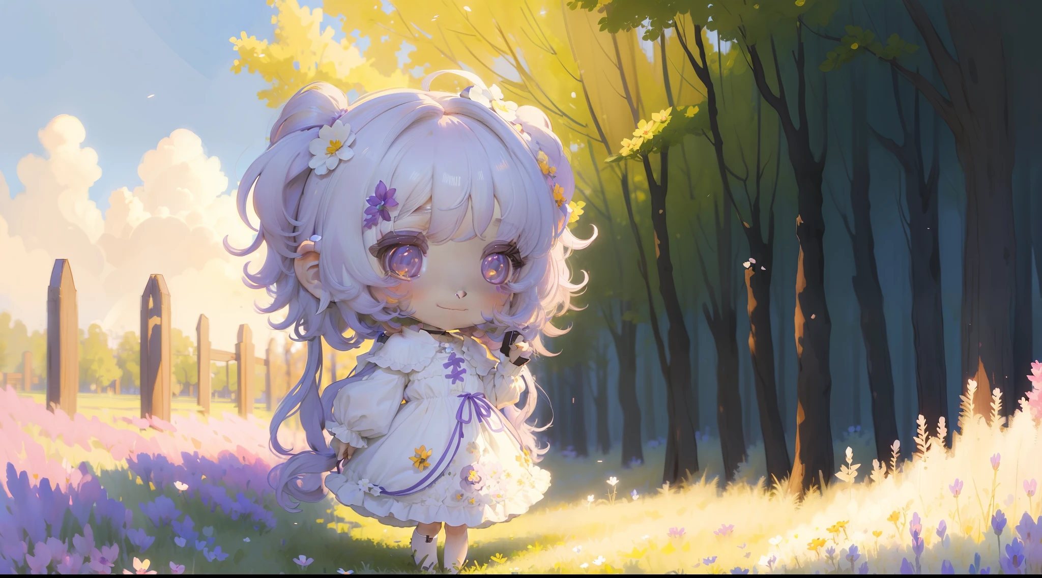 Chibi, hair colored with the colors of the rainbow, a shy girl with a shy smile, violet eyes, small Chibi, wearing a white dress with blue details, in a flowery field of a spring afternoon. Emphasize the delicacy and softness of the image. (chibi, girl, flowery field, spring afternoon, smile, white dress, colored hair)