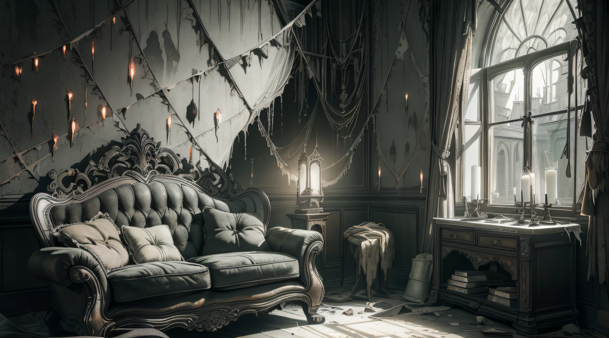 (interior design) (masterpiece) (ultra realistic) (raw) (picture of the whole room) (messy) (gothic couch, rocking chair, window) (old house, ripped wallpaper) (wide lens) (an old gothic scarry horror room) (blood on the wall) (dark) (candles) (candle lit) (paranormal feelings) (anamorphic lens) (night time) (haunted) (dirty) (god rays)