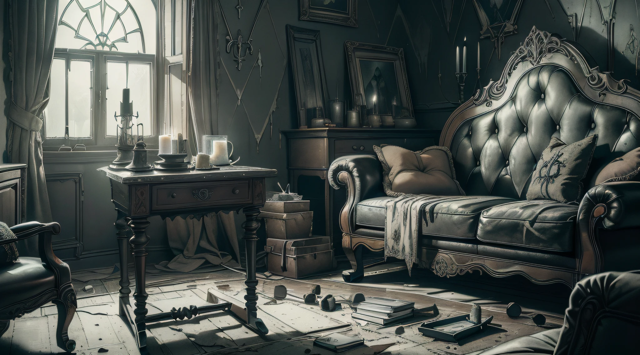 (interior design) (masterpiece) (ultra realistic) (raw) (picture of the whole room) (messy) (gothic couch, rocking chair, window) (old house, ripped wallpaper) (wide lens) (an old gothic scarry horror room) (blood on the wall) (dark) (candles) (candle lit) (paranormal feelings) (anamorphic lens) (night time) (haunted) (dirty) (god rays)