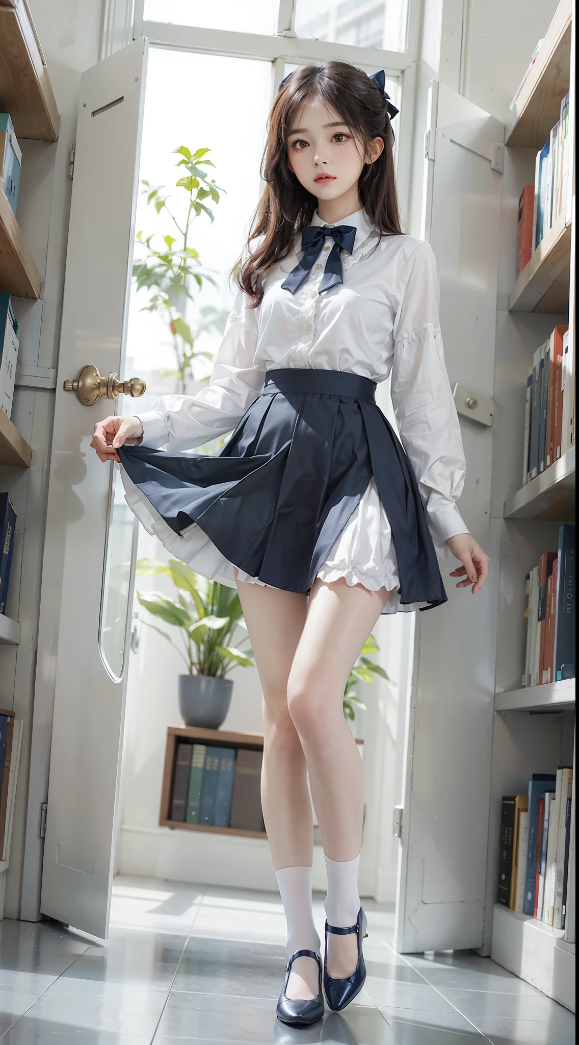 Woman standing alone in library, white light background wearing white floral blouse, dark blue bow tie, dark blue skirt with ruffles, white silk socks, wearing pumps