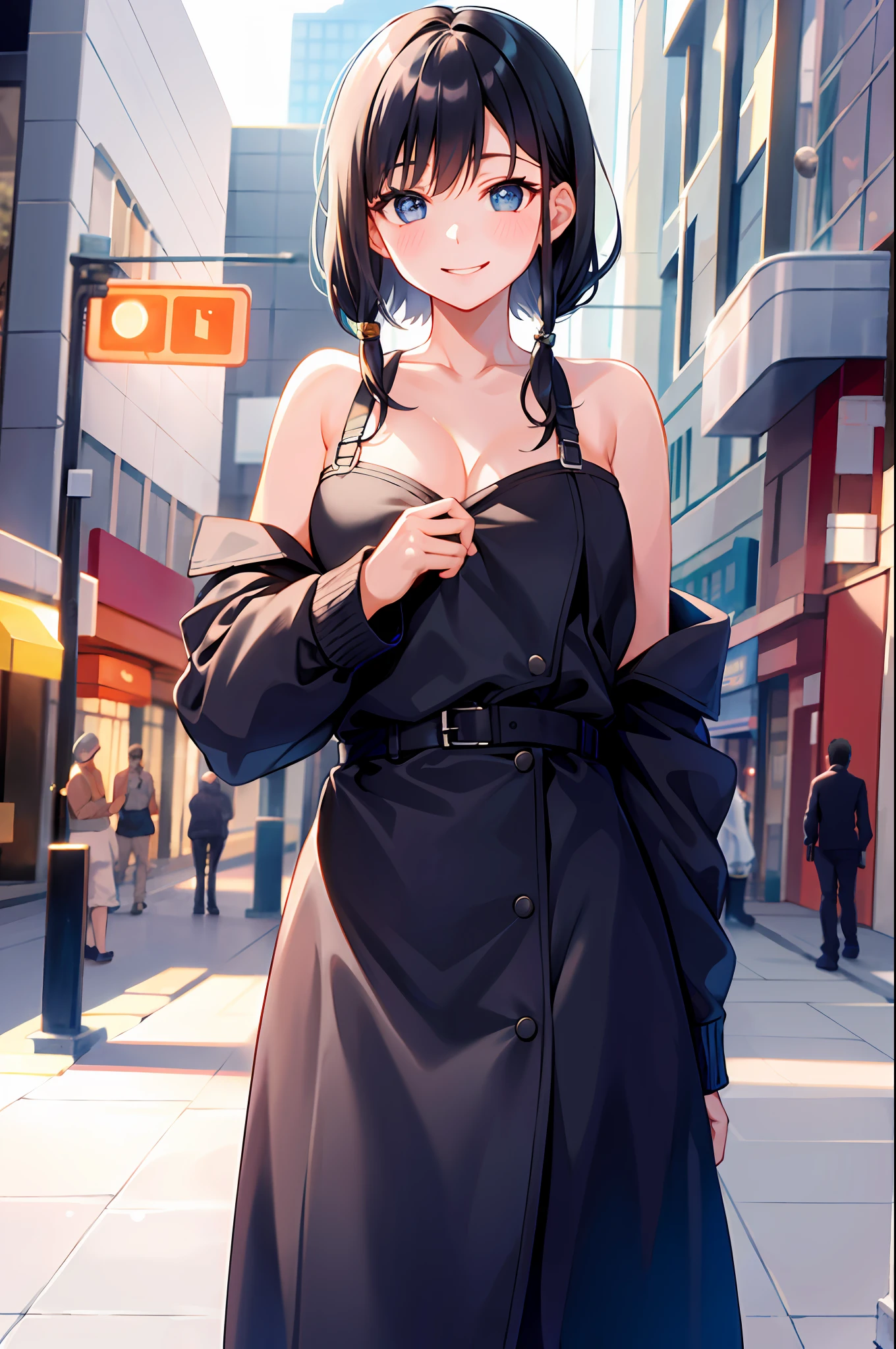 (morning), 1girl, solo, watching the audience, winter, cowboy shot, (downtown), cowboy shot, smile, black hair, full nude, super astringent