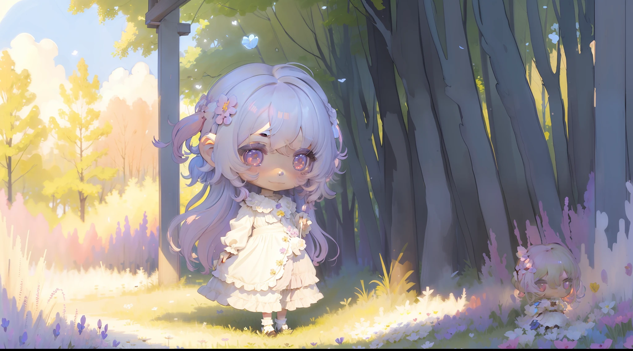 Chibi, hair colored with the colors of the rainbow, a shy girl with a shy smile, violet eyes, small Chibi, wearing a white dress with blue details, in a flowery field of a spring afternoon. Emphasize the delicacy and softness of the image. (chibi, girl, flowery field, spring afternoon, smile, white dress, colored hair)