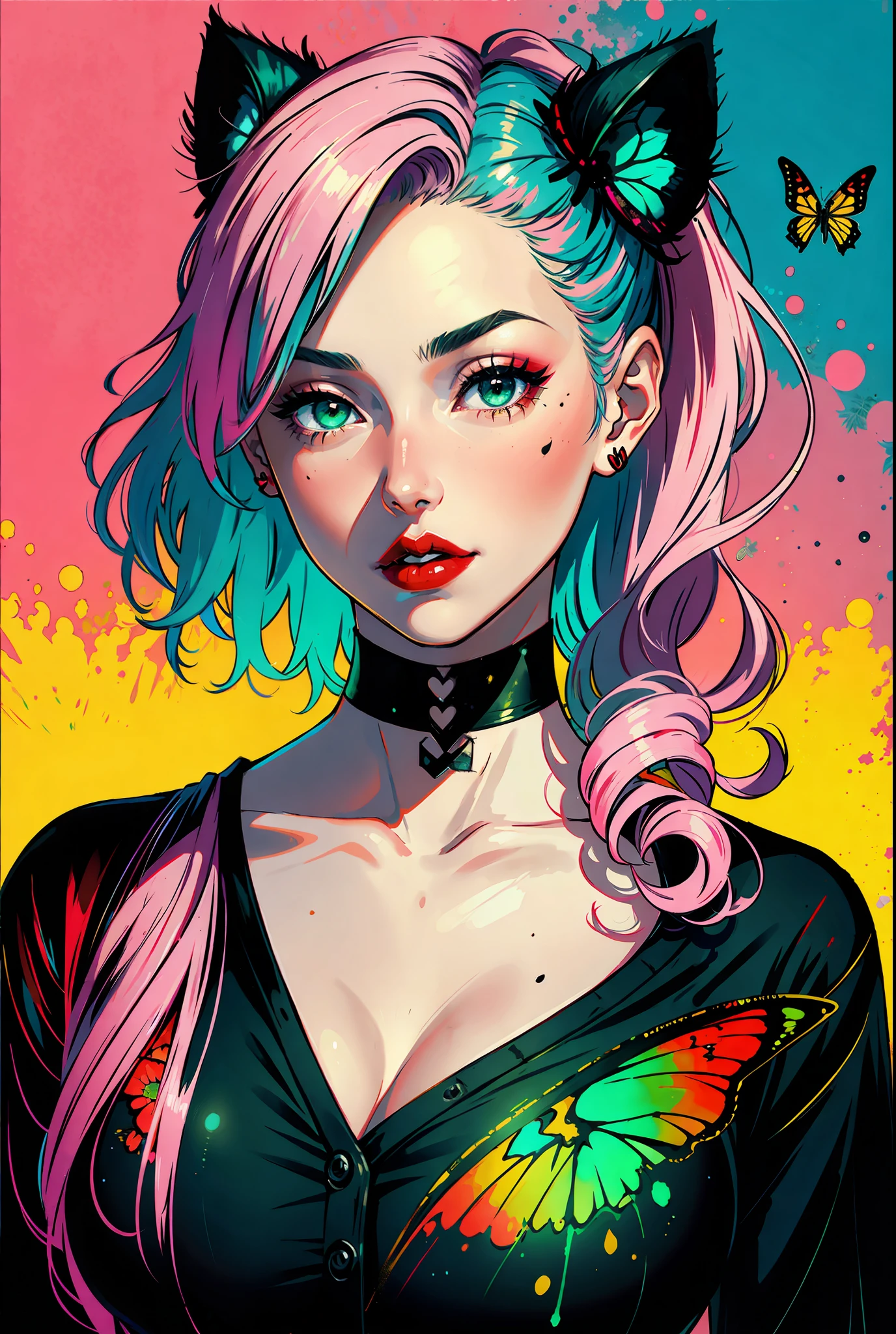 8k, solo, beautiful girl, black cat, makeup, blush, lipstick, red lips, portrait, realistic, green eyes, looking at the viewer, painting, butterflies, pink