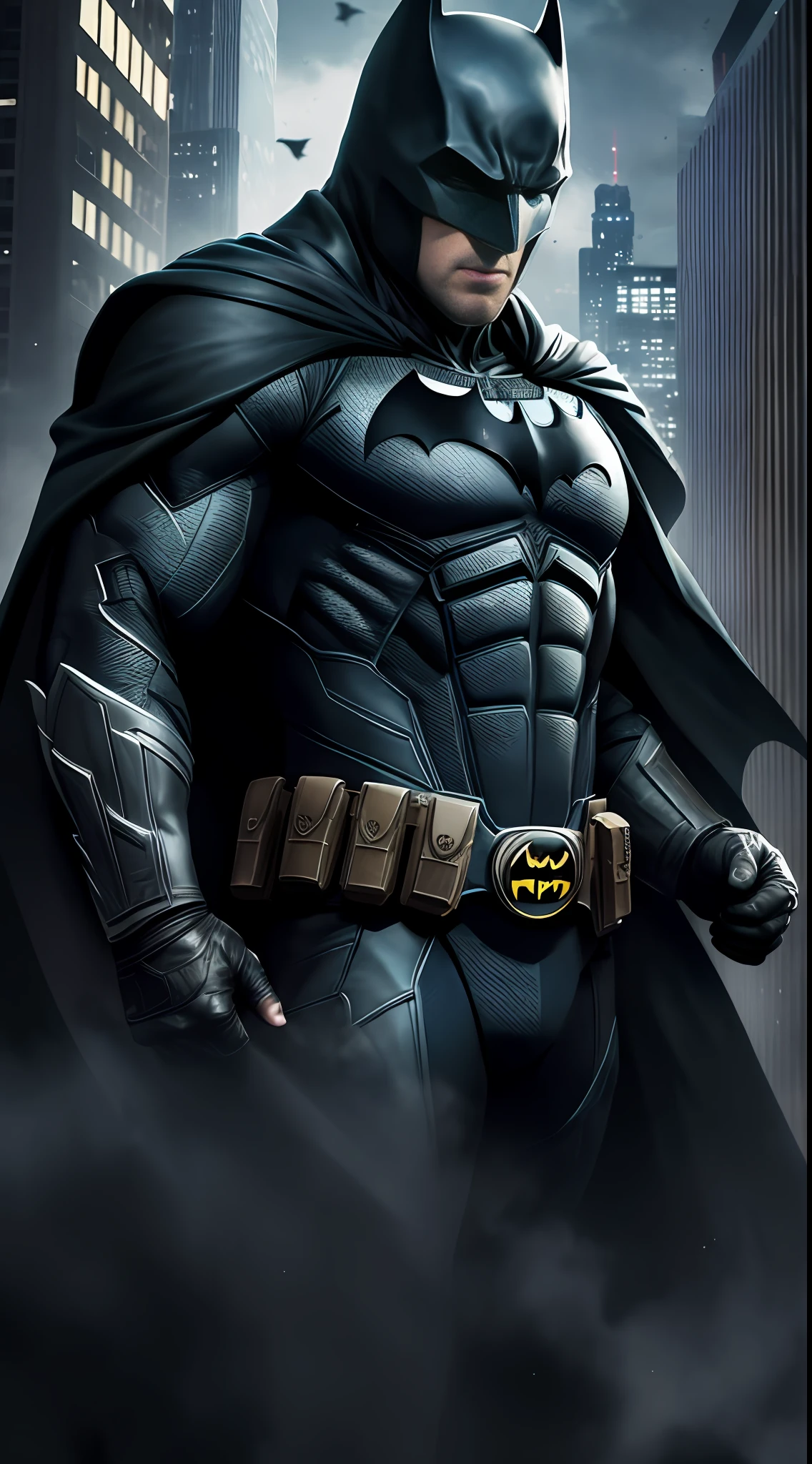 1 man, solo, Ben Affleck as Batman, tall, hunk, musular, bulk, wide shoulder, photorealism, dark dirty grey suit, black gloves, best quality, masterpiece, high resolution:1.2, black cape, high detailed mask, high detailed suit, high detailed face, award winning, night time, dark sky, skycrapers in the background