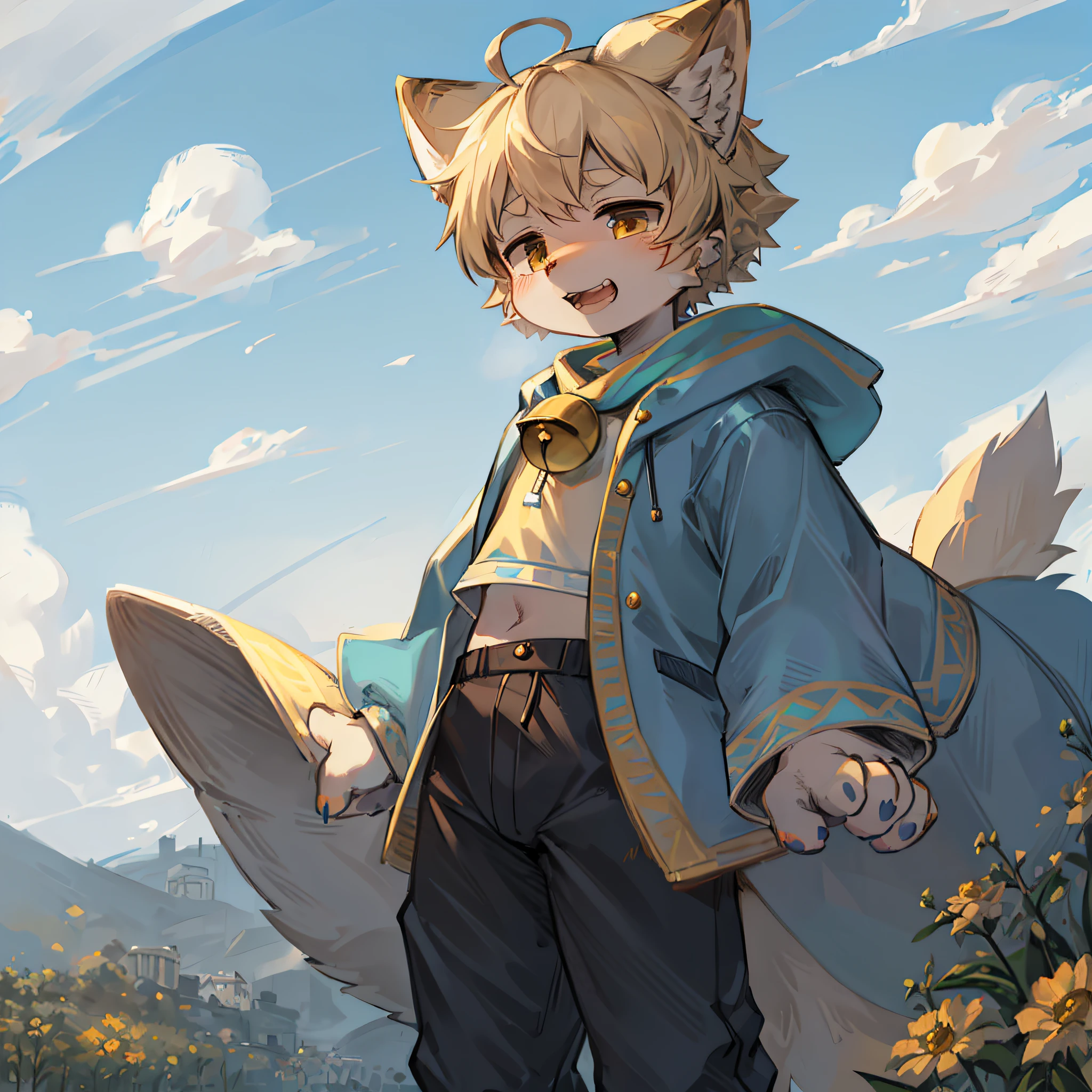 field, garden, band-aid, short hair, blonde, ahoge, bell, headphones, lower body, child, furry, cat ears, open mouth, exposed teeth, clouds, sky, in summer, no spots, cubs, yellow fur everywhere, cat ears, cat type, big fluffy tail, masterpiece, high-quality portrait, humanoid, cub, beard, lone child boy, wind, pose, full shot, sky blue coat, gray shorts, yellow scarf, white shirt, super cute face, Furry paws